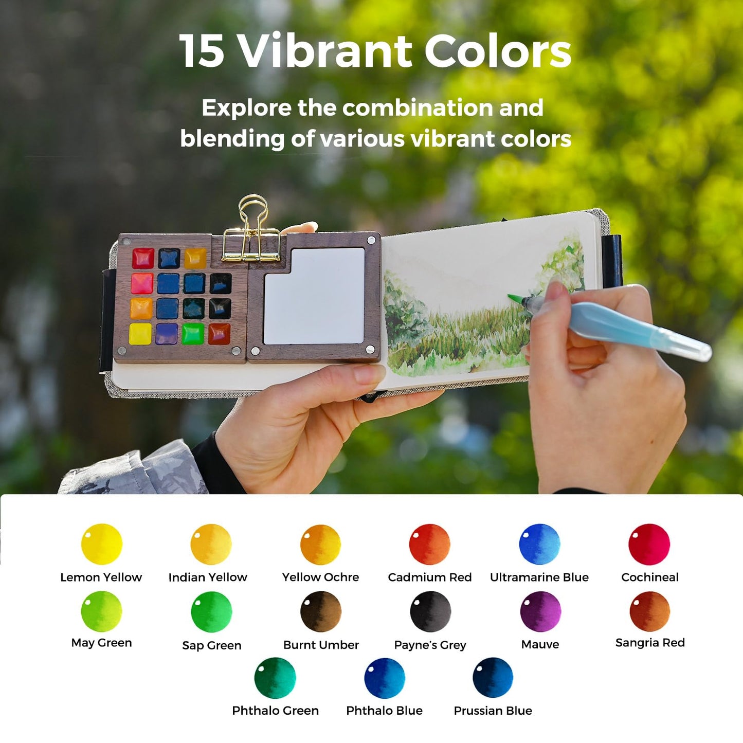 Funto Mini Watercolor Paint Set, All-In-One Walnut Wood 15-Color Premium Pocket Travel Paint Kit, with Crossbody Bag,Watercolor Journal, Metal Clip, Paint Water Cup, Water Brush Ideal for Art Lovers