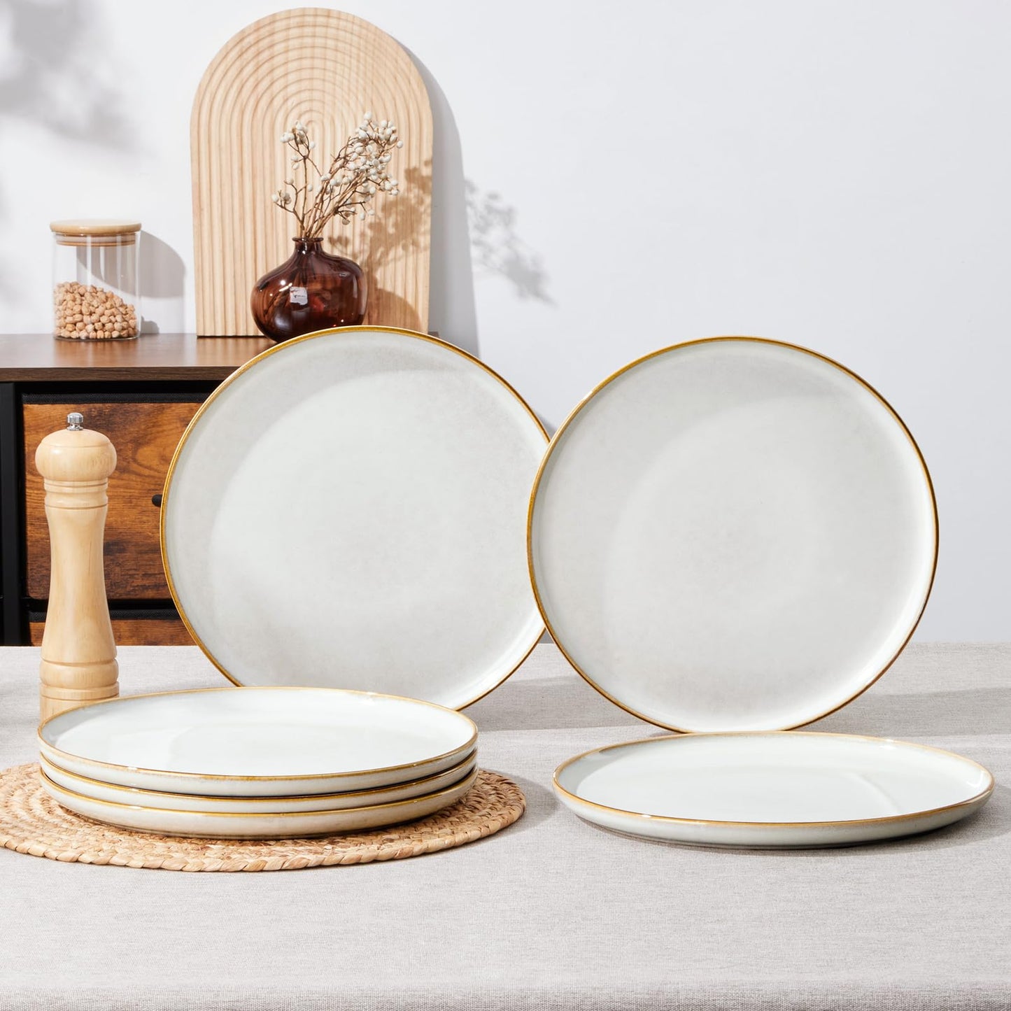 E-far 10.5” Ceramic Dinner Plates Set of 6, Large Reactive Glaze Stoneware Dishes, Round Salad Plate for Home Kitchen Restaurant, Microwave & Dishwasher Safe – Seashell White