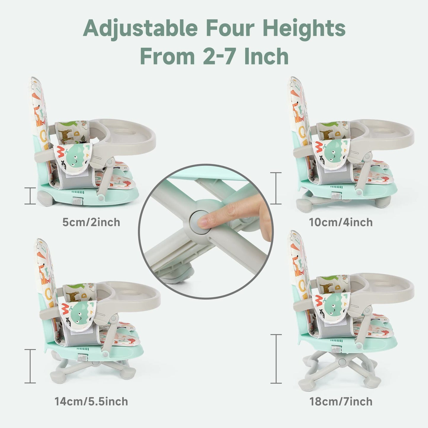 YOLEO Baby Booster Seat for Dining Table with Removable Tray, Adjustable Booster Seat Portable for Baby/Toddler Eating, Foldable Travel Dining Seat and Easy Clean (Green)