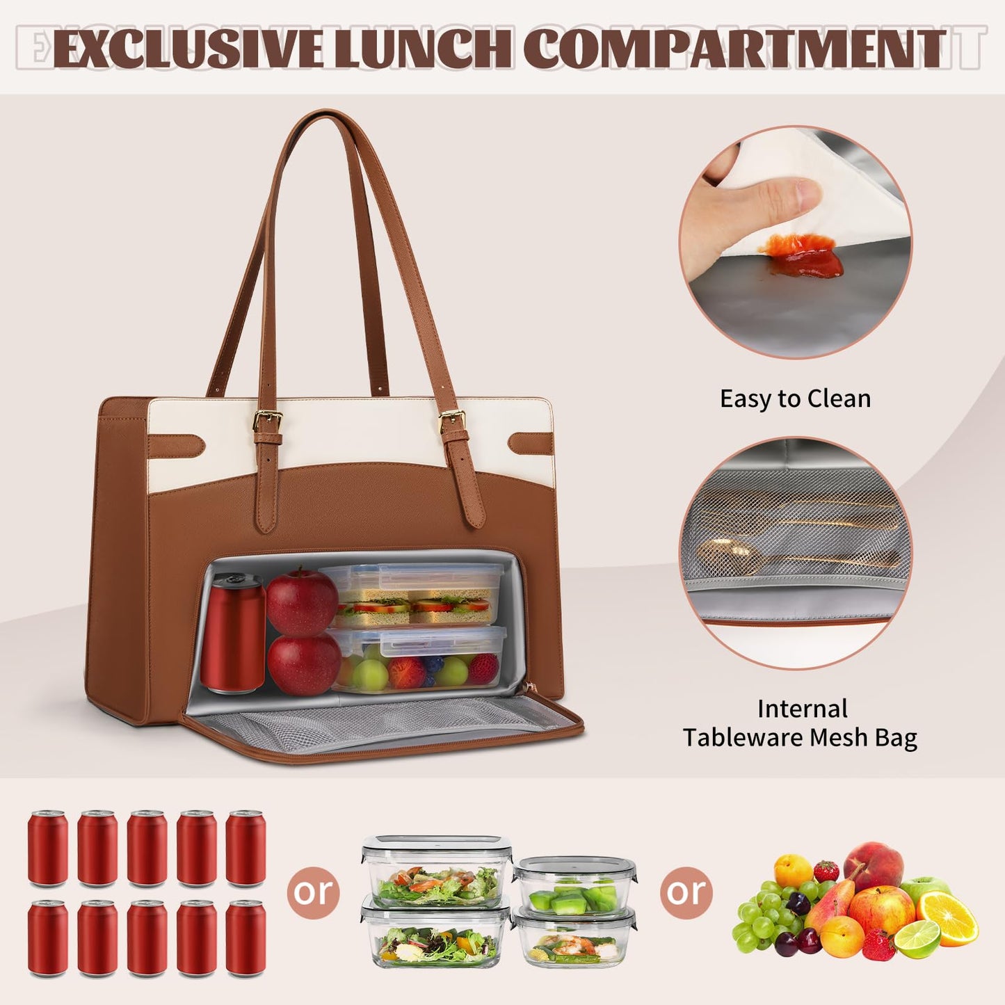 RAINSMORE Laptop Bags for Women with Lunch Compartment,Large Work Bag Women 15.6 inch Laptop Tote Bags for Women PU Leather Laptop Purse,Brown