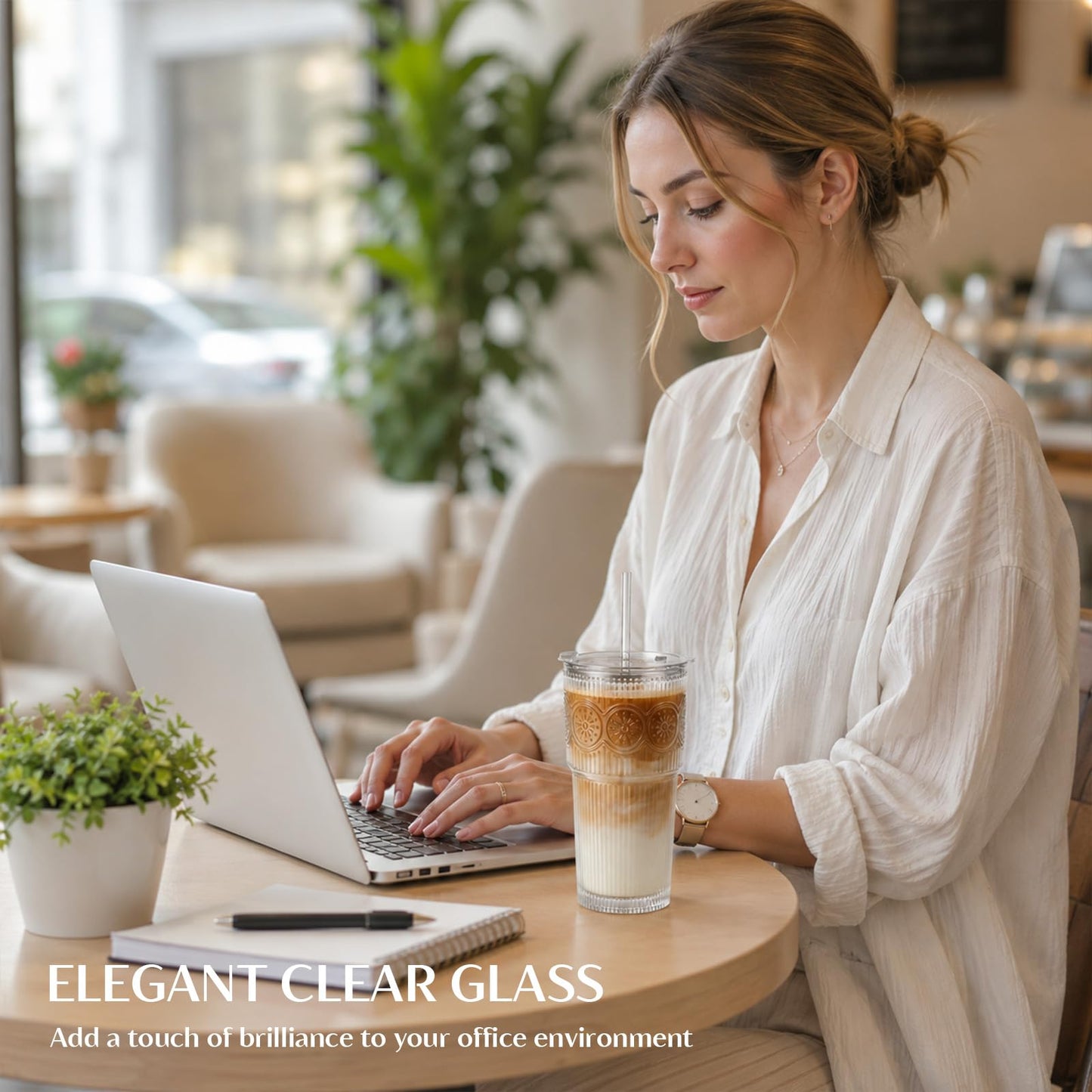 INSETLAN 20oz Ribbed & Floral Glass Tumblers with Lids and Glass Straws, Set of 4 – Iced Coffee Cups, Reusable Drinking Glasses for Water, Smoothies, Tea, and Juice – Perfect for Travel & Daily Use
