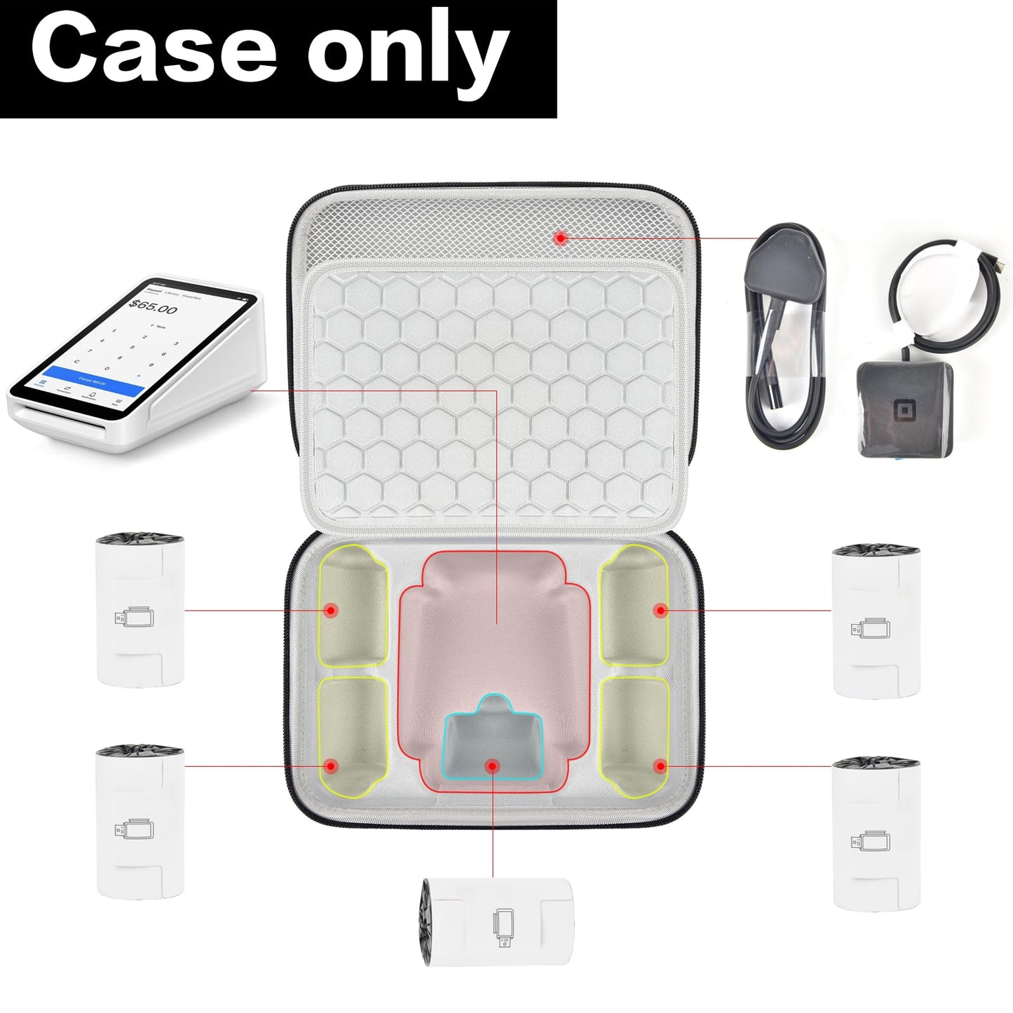 COMECASE Case Compatible with Square Terminal Credit Card Reader, Mobile POS Machine Storage Holder for Terminal Charger and Over 5 Receipt Paper Rolls with Large Accessories Mesh Pocket (Bag Only)