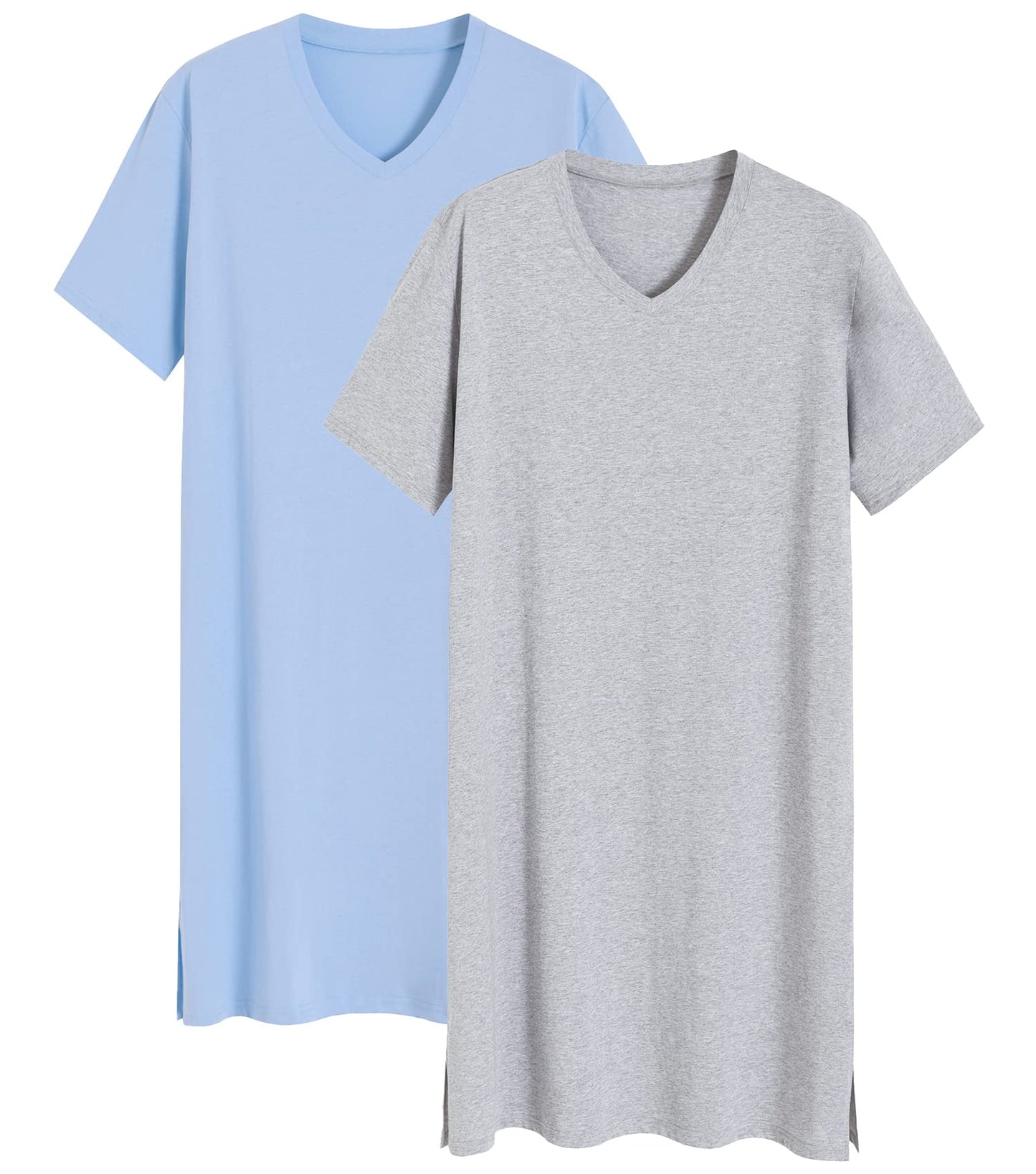 Latuza Men's 2 Pack Nightshirt Cotton Sleep Shirt Nightgown, Light Blue & Light Gray, Large