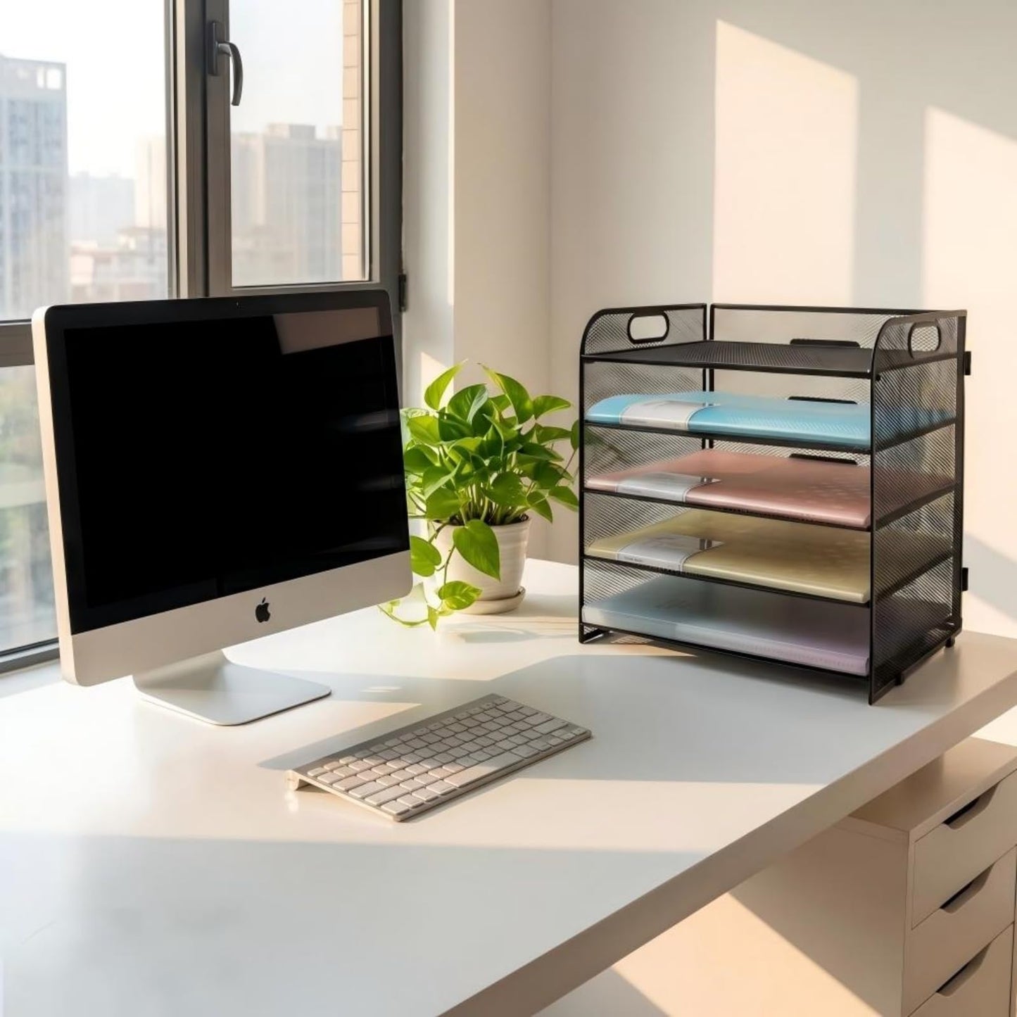 ECIC 5 Trays Paper Organizer Letter Tray with Handle-Mesh Desk File Organizer, Paper Sorter for Office, Home or School, Black