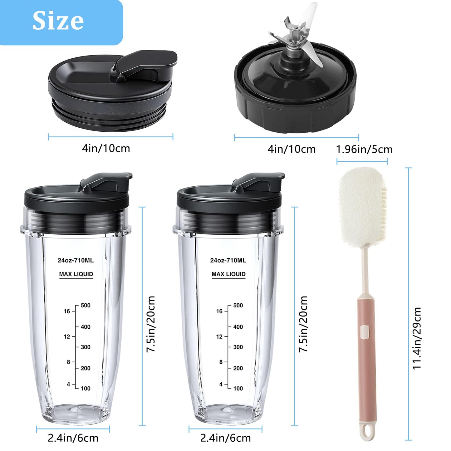 6 Pack Ninja Blender Cups Replacement and Blade, 24oz Ninja Cups for Blender and 7Fins Blade Replacement with Cleaning Brush, Compatible Nutri Ninja Auto iQ BN801 BL480 BL640 BL642 NN100 BL2012