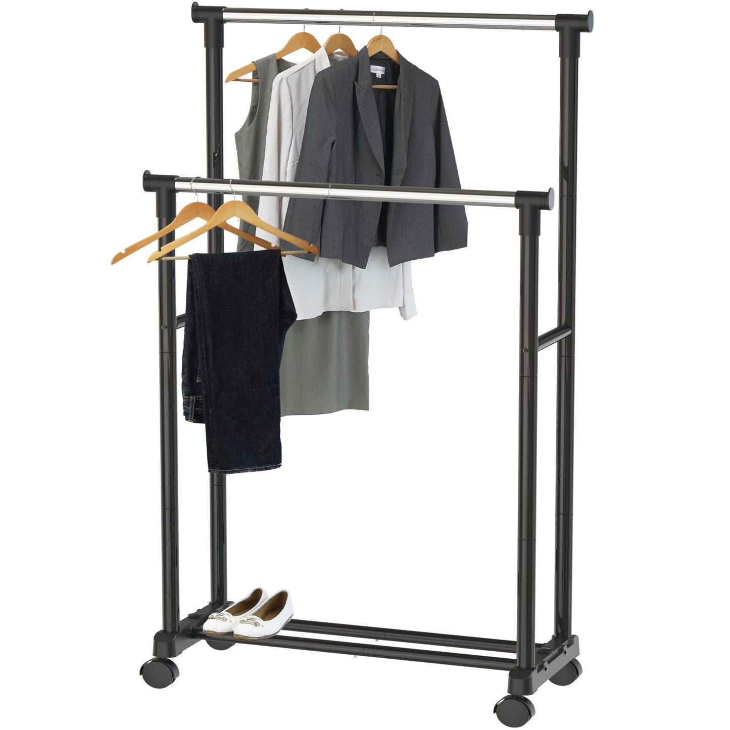 Simple Houseware Double Rods Clothing Rack on Wheels, Metal Rolling Garment Rack for Hanging Clothes, Black