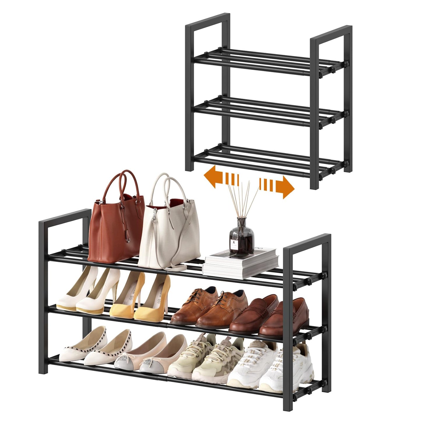 Roylvan 3-Tire Expandable Shoe Rack, 17"-31" Adjustable Stackable Free Standing Shoe Shelf Storage Fits 6-12 Pairs Shoes, Heavy Duty Reinforced Metal Shoes Organizer for Closet Entryway Doorway Dorm