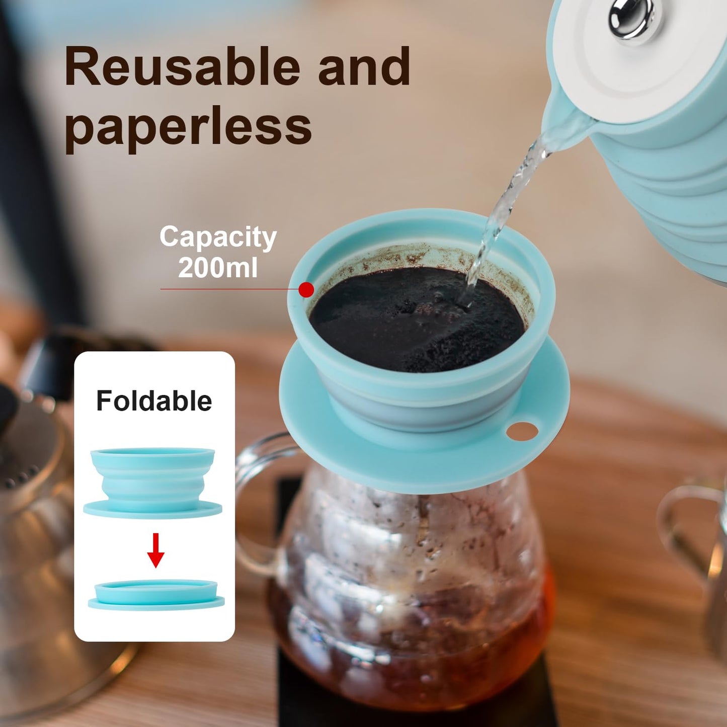 Travel Foldable Electric Kettle Portable Food Grade Silicone Collapsible Kettle 110-220V US Plug, 555ML Hot Water Boiler & Camping Silicone Collapsible Pour Over Coffee Dripper Paperless Coffee Filter