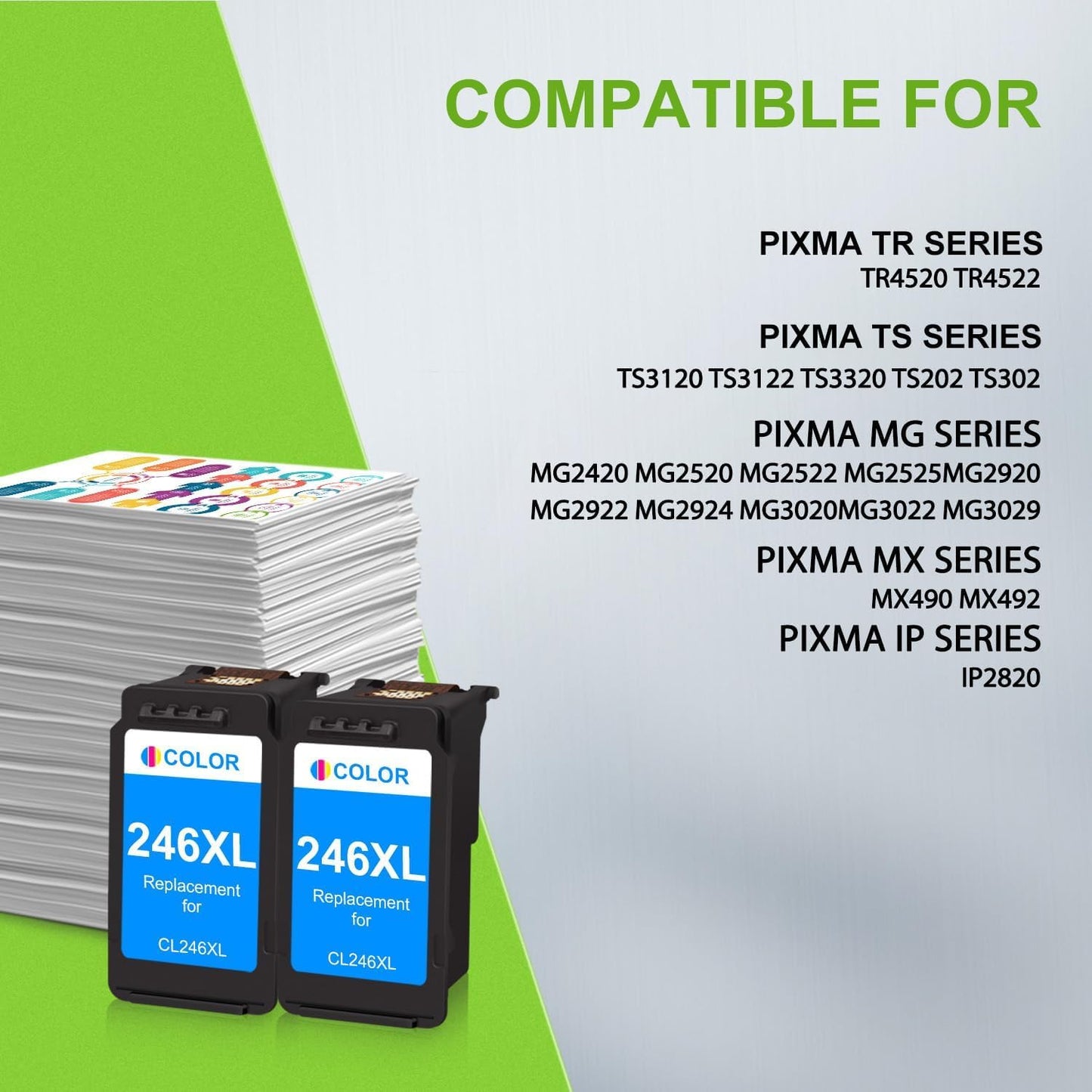 246XL Color Ink Cartridge Remanufactured for Canon CL-246XL 246XL Combo Pack Works with Canon MX490 MX492 TR4520 TR4522 MG2500 MG2522 TS3100 TR4500 (2 Tri-Color)