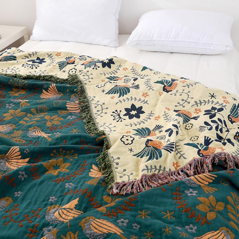 Boho Throw Blanket for Bed - 100% Cotton Ultra Soft Rustic Quilt Blanket Blue Bird Floral Printed Decor Farmhouse Bed Blankets, Super Soft Warm All Season Blanket for Sofa Couch Bed Chair, 60"×80"