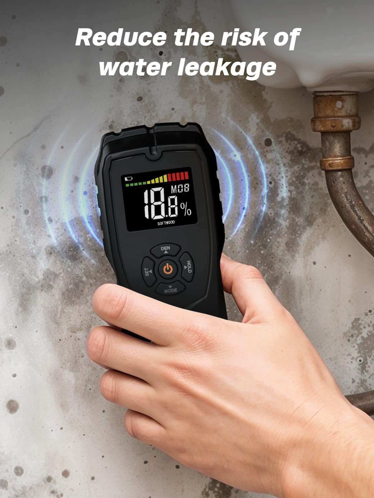 Pinless Moisture Meter, Moisture Detector for Walls, Caravan, Wood and Building Material, 4 Mode 9 Density Settings, Non-Destructive Moisture Detector with Backlit LCD and Alerts