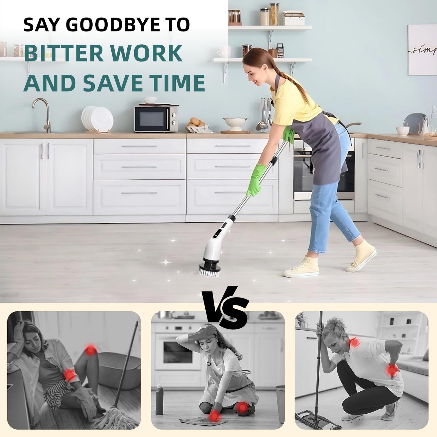 Electric Spin Scrubber for Cleaning, 9 in 1 Changeable Bathroom Scrubber with Power Display, Long Cordless Cleaning Brush, Cordless Shower Cleaner Brush for Bathtub Kitchen Wall Cleaning (Black&white)