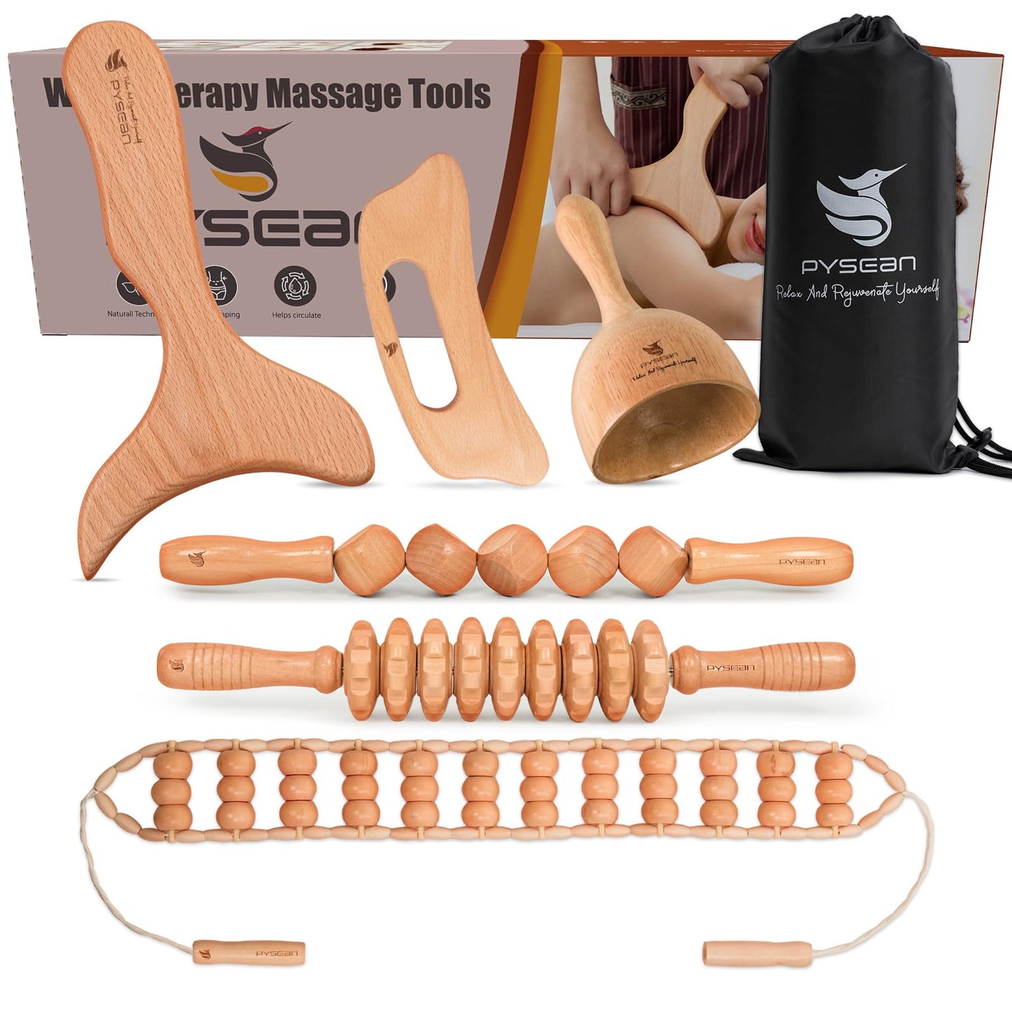 6 in 1 Wood Therapy Massage Tool Set for Body Sculpting Massage, Lymphatic Drainage and Muscle Pain Relief, Cellulite Sculpting Multi-Functional Massager