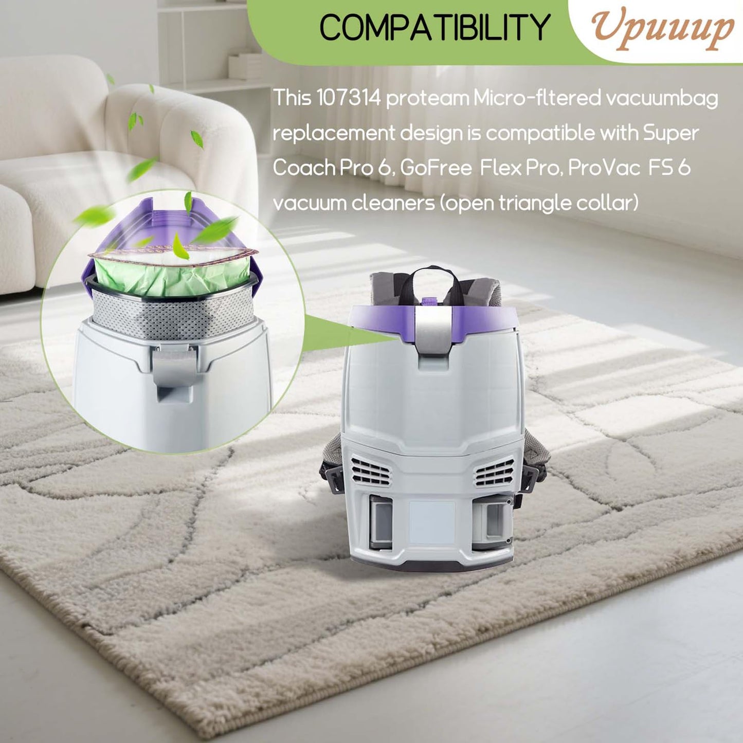 20 PACK 107314 Backpack Vacuum Bags Vacuum Filters bags Compatible with ProTeam 6 QT Backpack Vacuum, Super Coach Pro 6, ProVac FS 6, GoFit 6, GoFit 6 PLUS and GoFree Flex Pro II