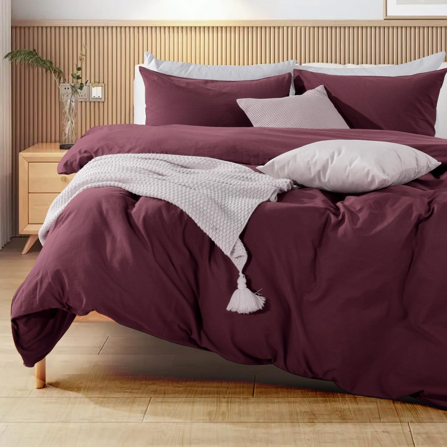 NEXHOME PRO Duvet Cover Set Queen Size Linen Look Textured 100% Washed Cotton Duvet Cover Burgundy Dark Red 3 Pieces Bedding Set with Zipper Closure,Breathable, Soft Organic Natural(No Comforter)