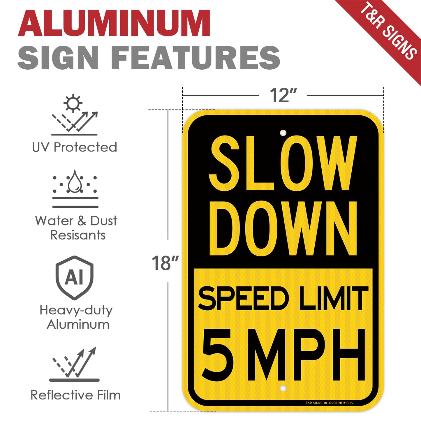 (3 Pack) Slow Down Speed Limit 5 MPH Sign, Slow Down Sign, 18" x 12" Engineer Grade Reflective Sheeting, Rust Free Aluminum, Weather Resistant, Waterproof, Fade Resistant, 2 Pre-drilled Holes