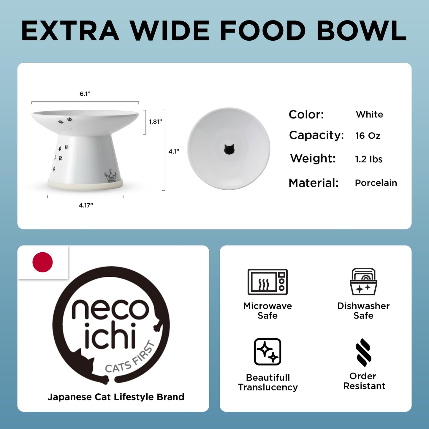 Necoichi Extra Wide Raised Cat Food Bowl, Elevated, Prevent Neck & Whisker Fatigue, Dishwasher and Microwave Safe, No.1 Seller in Japan! (Cat, Extra Wide)