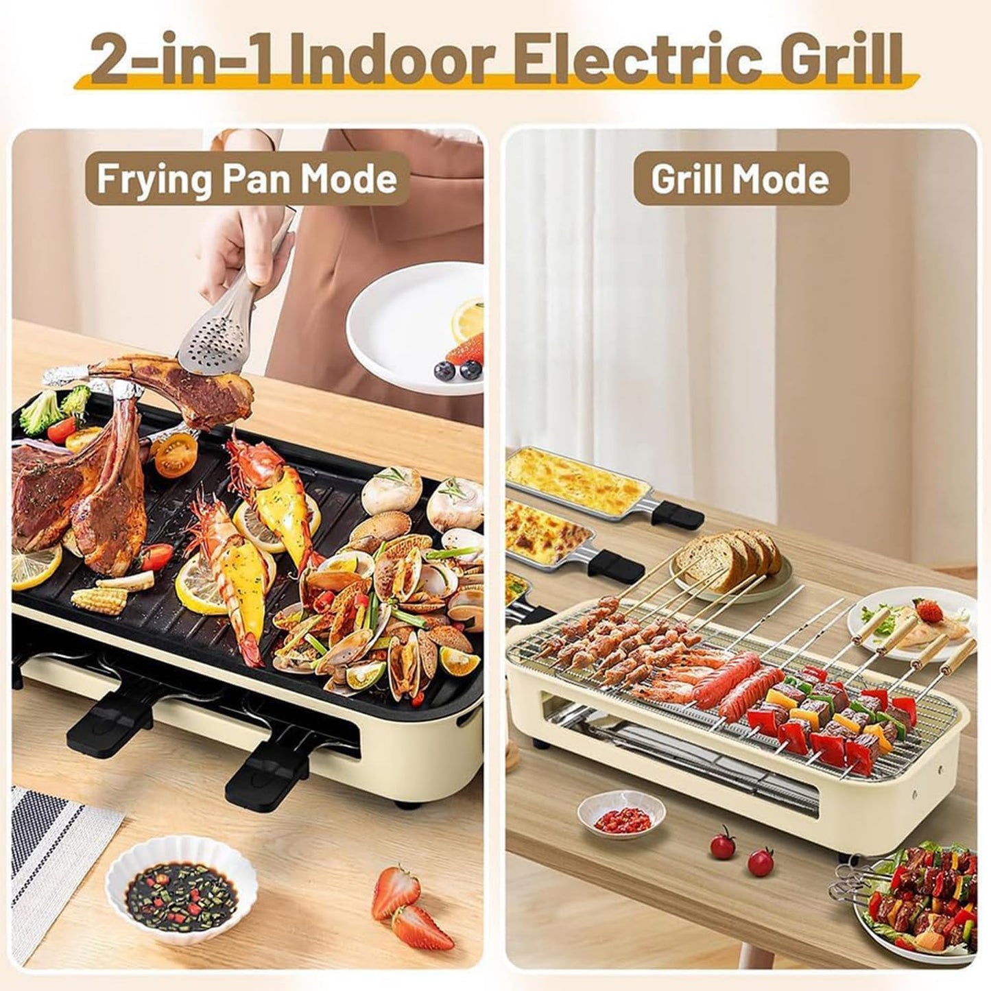 Multifunction Electric Barbecue, 1500W Electric Smokeless Barbecue Grill with Grill Net & 3 Non-stick Cooking Plate, Skewers Machine with Adjustable Temperature Control, Dishwasher Safe