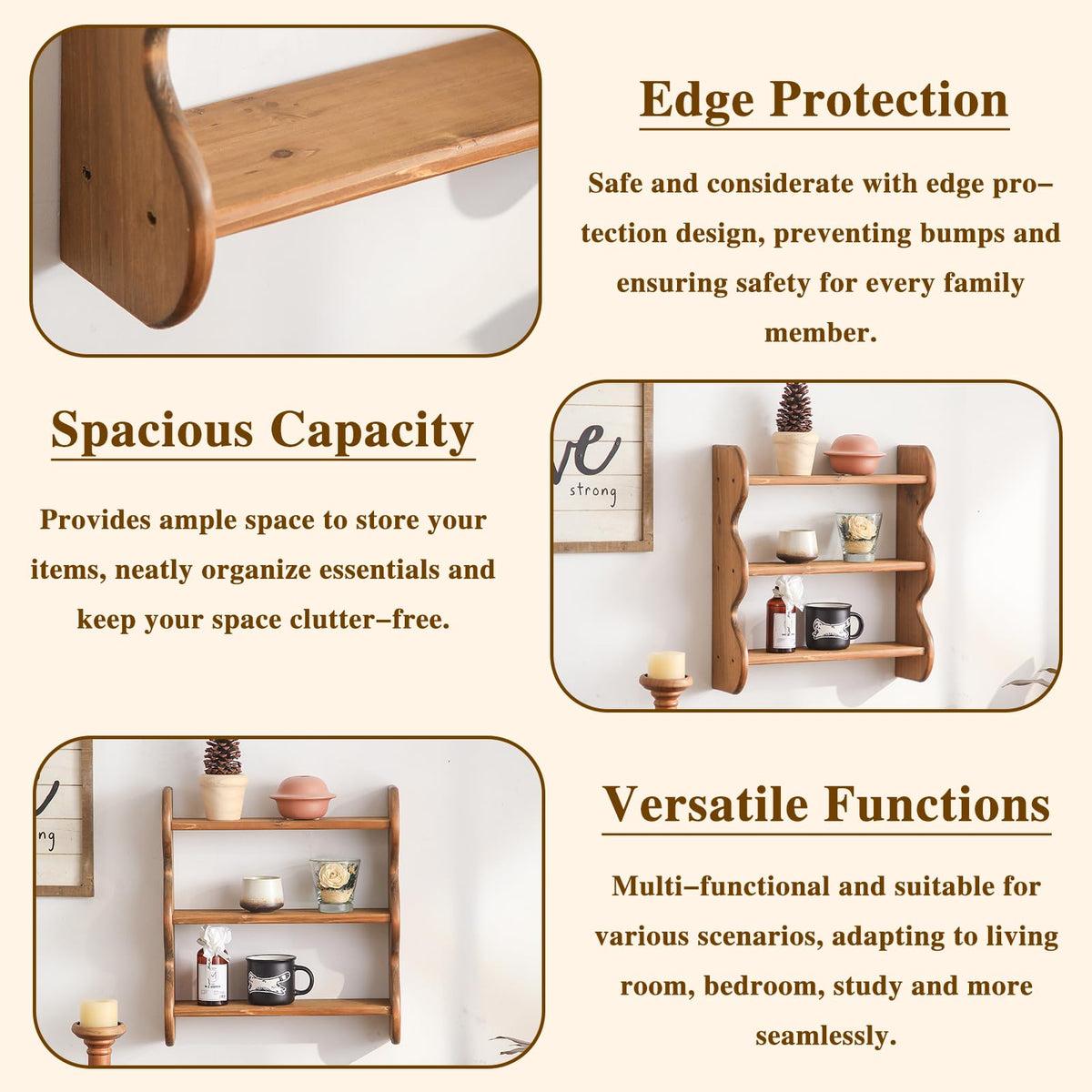 HuiDao 3-Tier Solid Wood Wall Shelf, Rustic Floating Shelves Wall Mounted Storage Rack, Hanging Shelf Display Shelves for Apartment, Living Room and Bedroom