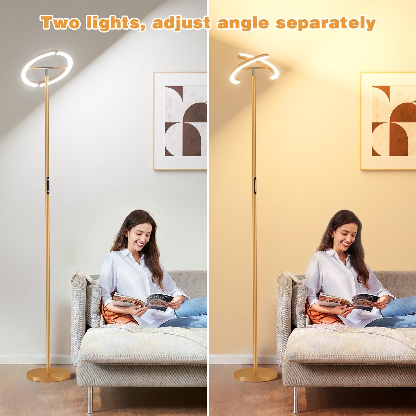 Ambimall Torchiere Floor Lamp, 2400LM LED Floor Lamp with Touch an d Remote Control, 70" Tall Standing Lamp with Stepless Dimmable and 3000K-5000K Color, Separately Rotatable Design(Gold)
