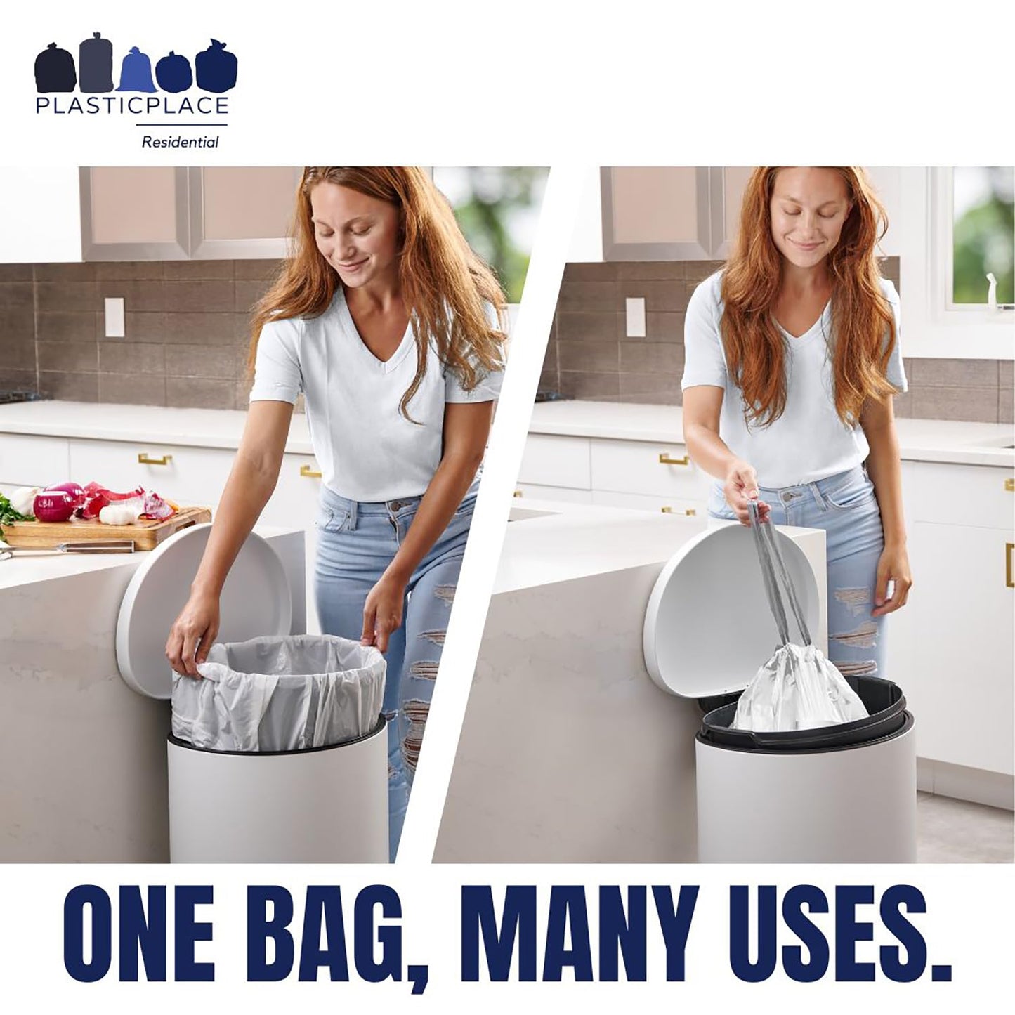 Plasticplace Trash Bags Compatible with simplehuman Code M Packs, White Drawstring Garbage Liners 12 Gallon / 45 Liter, 21" x 30.5" (20 Count/5 Pack)