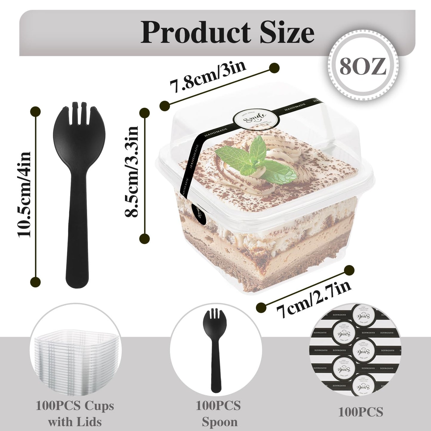 JMIATRY 100PCS 8 oz Square Plastic Dessert Cups with Lids and Spoons Clear Disposable Dessert Cup Tiramisu Container 8oz Plastic Parfait Cups for Cupcake Mousse Yogurt Pudding Fruit