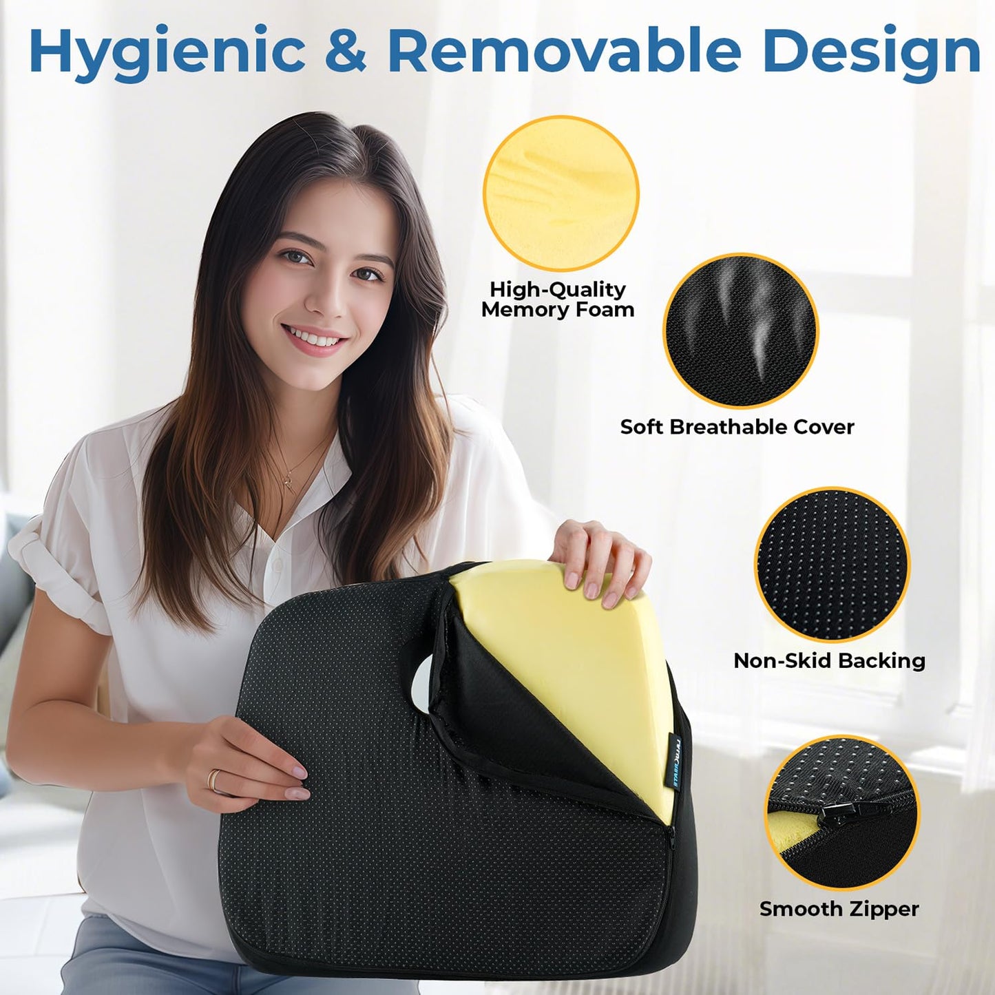 Seat Cushion for Office Chair, Large Memory Foam Coccyx Seat Cushions for Long Sitting Workers,Ergonomic Desk Chair Cushion with Washable Non-Slip Cover