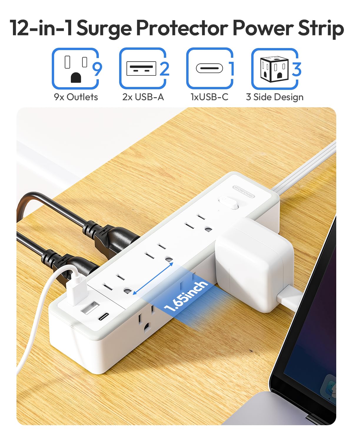 Flat Extension Cord 25 FT-NTONPOWER Surge Protector Power Bar with 9 Widely Outlets 3 USB (1 USB C), 1080J,Long Extension Cord with Multiple Outlets, 3 Side Extender, Mounted, for Home Office,White