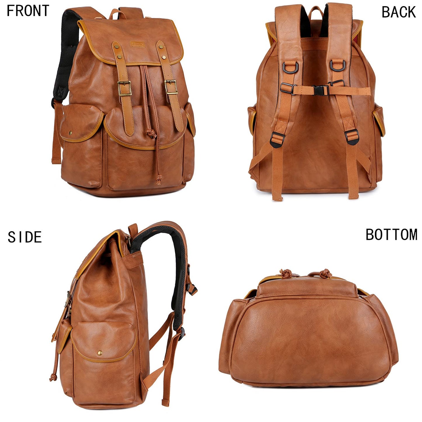 Vegan Leather 15.6 inch Laptop Backpack Hiking Camping Backpack Satchel Bookbag Travel Business Casual Backpack CN-01, Brown, Medium, Leather Backpack