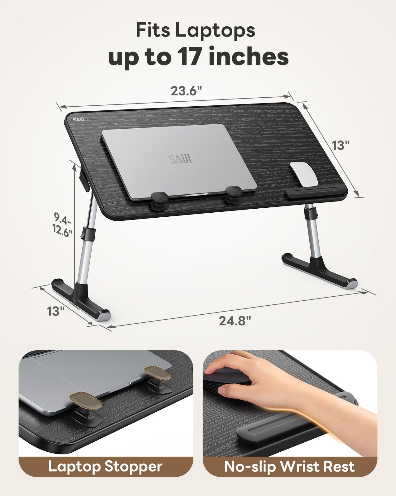 Laptop Desk for Bed, SAIJI Lap Desks Bed Trays for Eating Writing, Adjustable Computer Laptop Stand, Foldable Lap Table in Sofa and Couch (23.6 x 13,Black)
