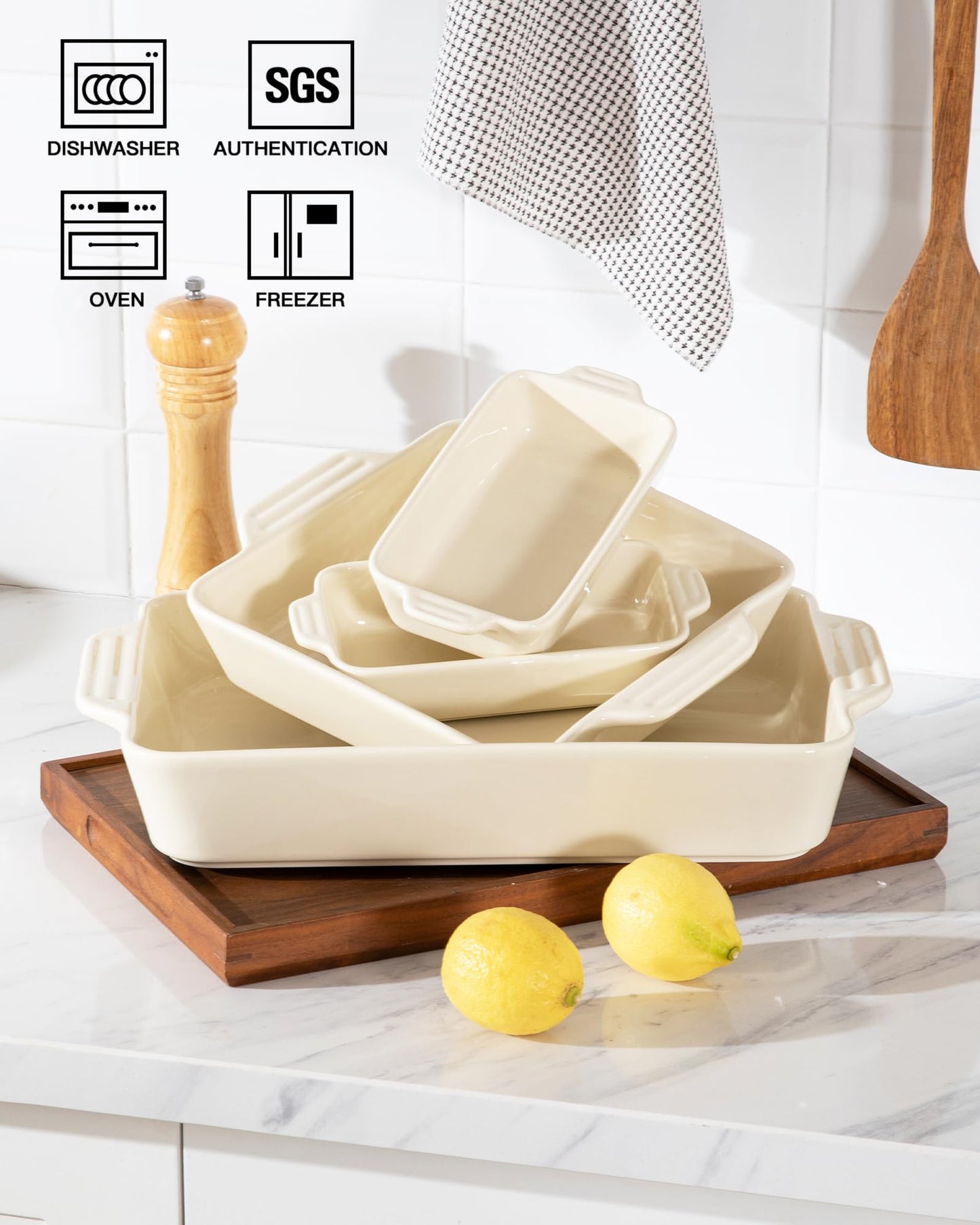 Sweejar Ceramic Bakeware Set of 4, Casserole Dishes for Oven, Rectangular Baking Dish with Handles, Lasagna Pans Deep for Cooking, Gratin, Roasting, Banquet and Daily Use (Beige)