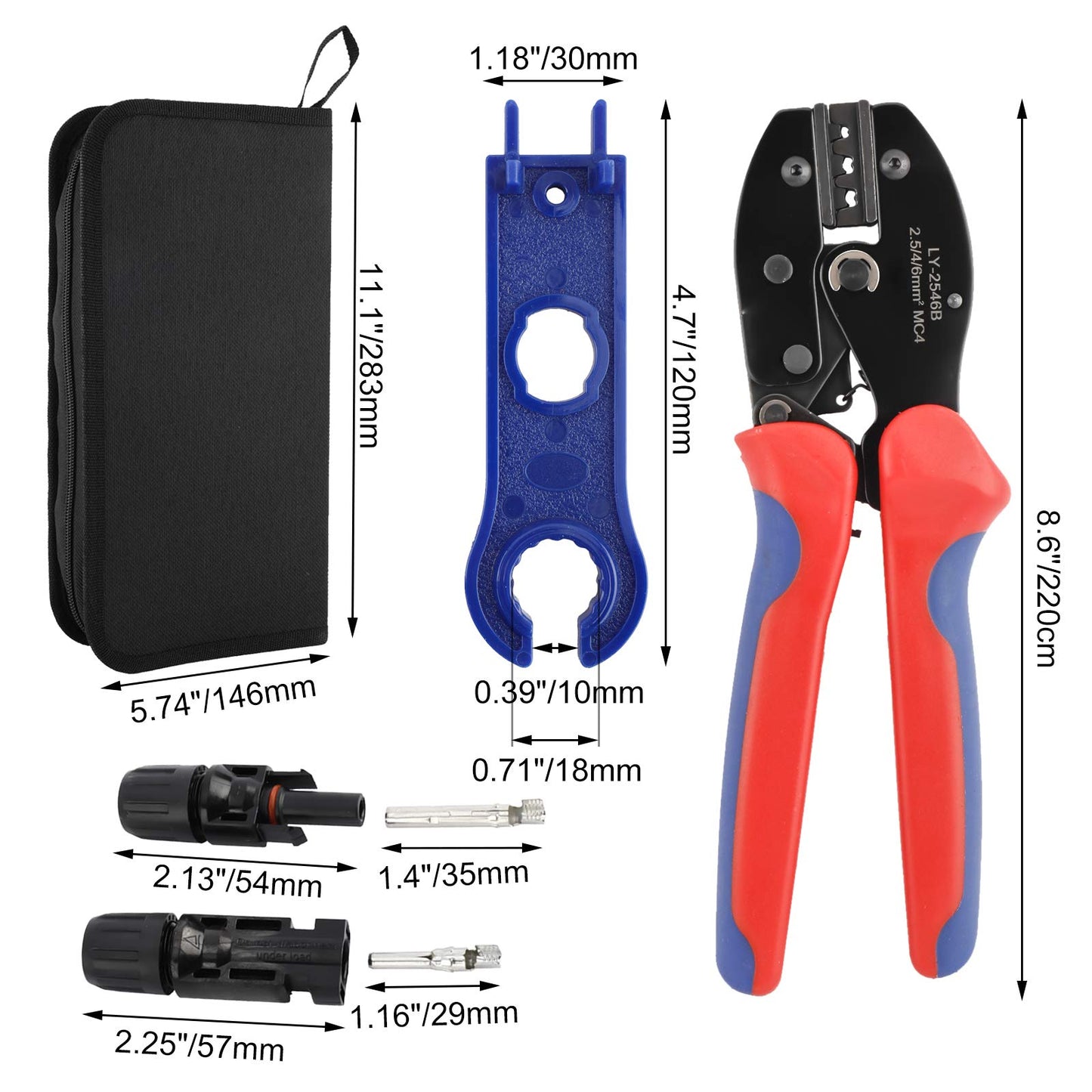Solar Crimping Tools Kit for 2.5/4.0/6.0mm² Solar Panel PV Cable 26-10AWG,12 Pairs of Male Female Solar Connectors, 1 Pair Solar Spanners and 1 Wire Crimper