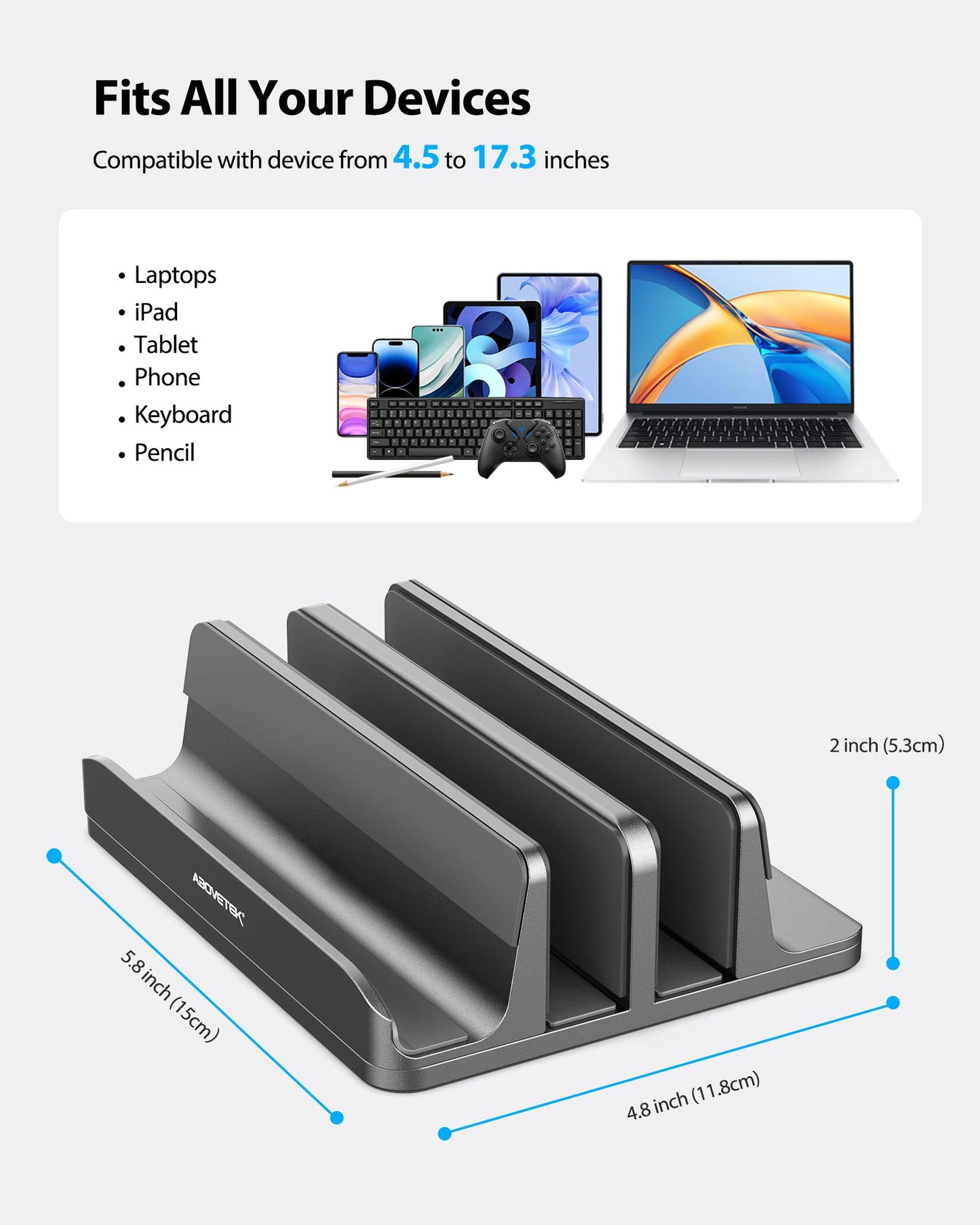 Vertical Laptop Stand - AboveTEK - 3 Slots for Computer, Tablet, Phone - Fits All Laptop Models (up to 17.3") - Heavy Duty Polished Aluminum Desktop Holder - Anti Slide Silicone Grips - Grey