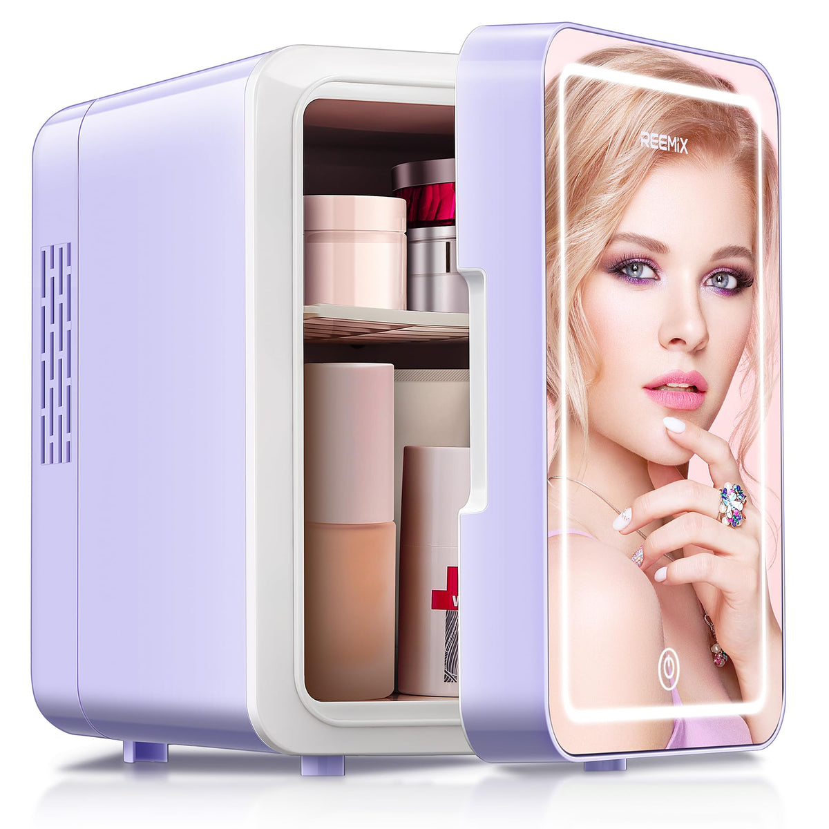 Reemix Skincare Mini Fridge With Dimmable LED Mirror, 4L Mini Makeup Refrigerator for SkinCare, Cosmetics, Food & Drinks, Portable Small Refrigerator for Bedroom, Dorm, Car, Office (Purple)