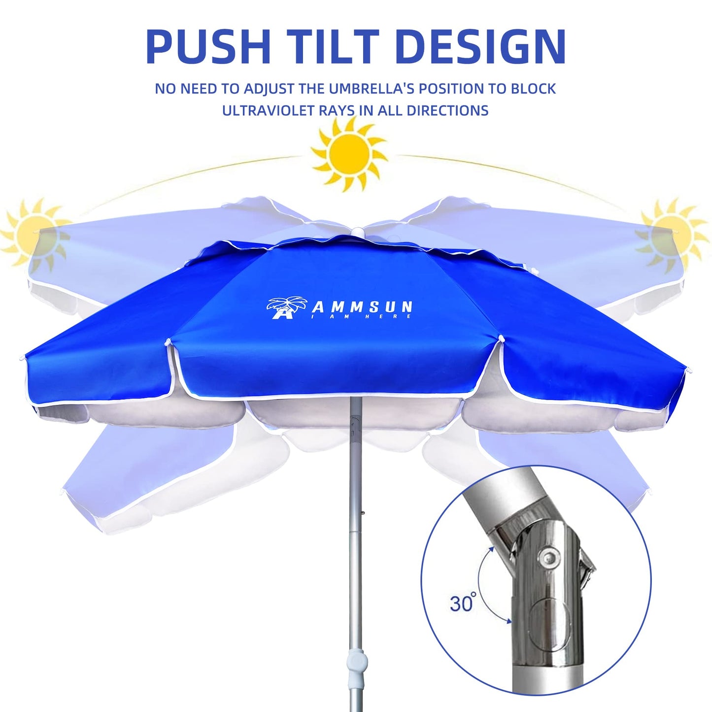 AMMSUN 6ft Folded Portable Travel Beach Umbrella with Sand Anchor, Tilt and Air vent UPF 50+UV Protection fit in suitcase Portable Compact Foldable beach umbrella for Patio Garden Beach Pool Blue