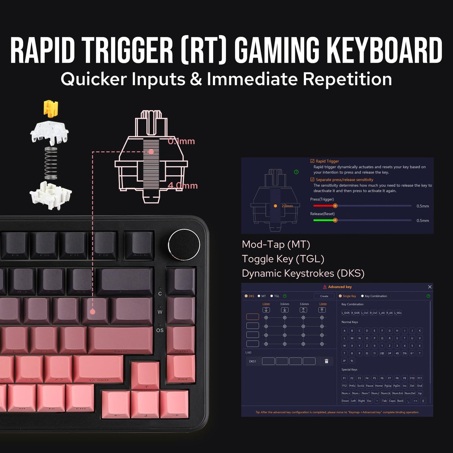MechLands AJAZZ AK820 MAX HE Hall Effect Magnetic Gaming Keyboard, Adjustable Actuation, 8KHz Polling Rate, Wired Rapid Fast Keyboard, Creamy Gasket, RGB Backlight, NKRO for Win/Mac (Black Pink)