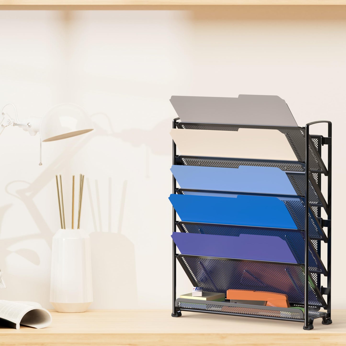 Simple Houseware 6-Tier Mesh Wall Mount File Organizer & Desktop Paper Holder - 5 Tilted Trays + 1 Flat Bottom Tray, Wall Mount Hardware Included, Black