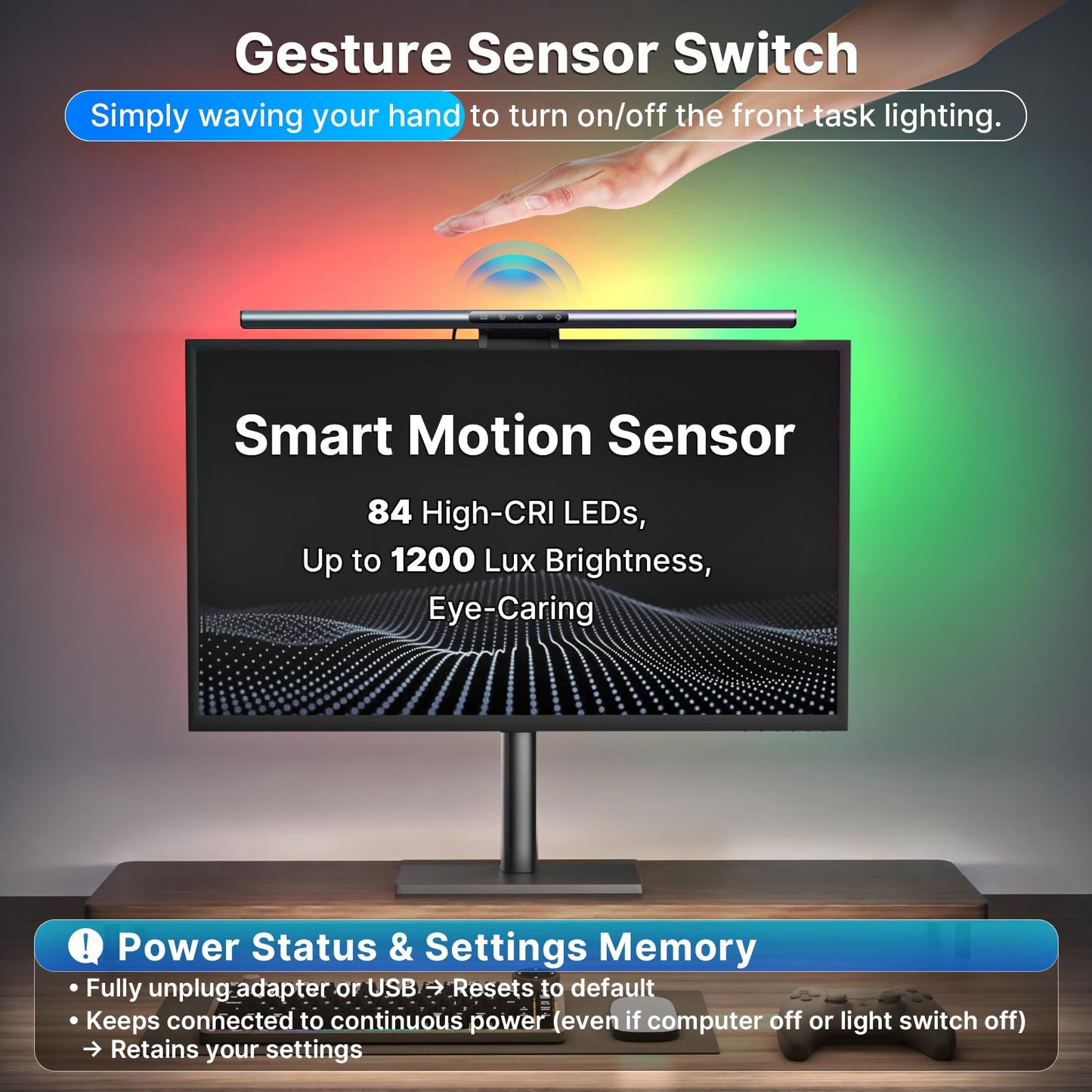 Syrinx Computer Monitor Light Bar with Backlight for Home Office, Eye-Caring USB LED Reading Lamp, Dimmable Screen Monitor Lamp, Smart Motion Sensor, Touch Control, CRI 95+, No Screen Glare for (RGB)