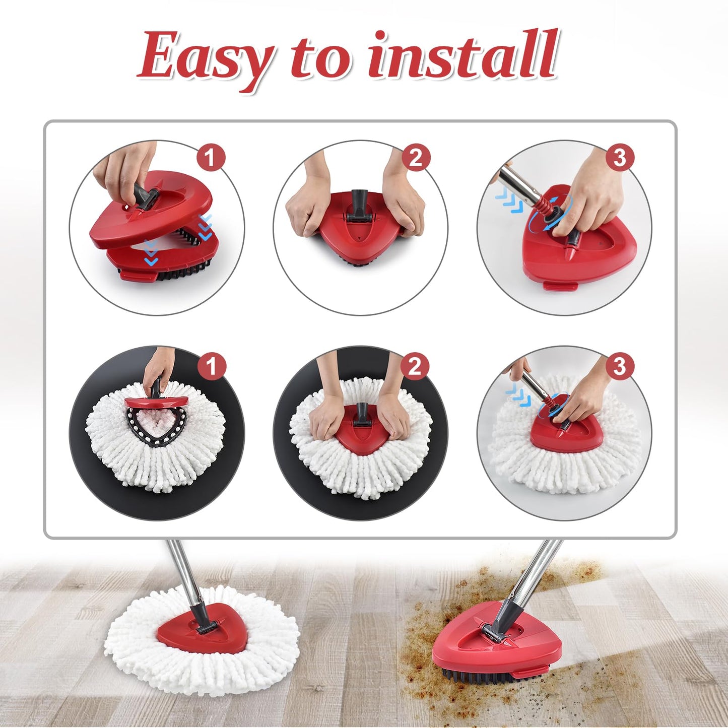 Spin Mop Handle Replacement for Vileda, Mop Heads Compatible with Vileda EasyWring Spin Mops & Bucket 1-Tank, Include 4-Section Handle, 2 Microfiber Head Refills,1 Scrub Brush, 1 Base