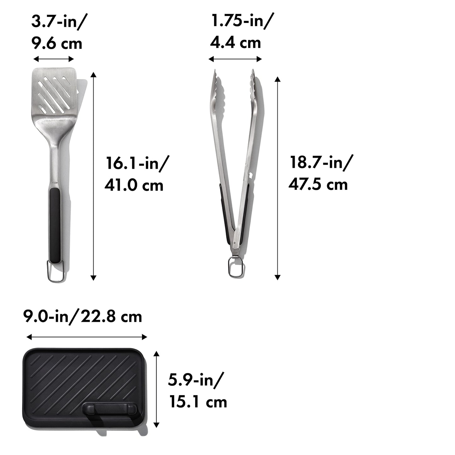 OXO Good Grips Grilling Tools, 3pc Set-Tongs, Turner Rest, Black