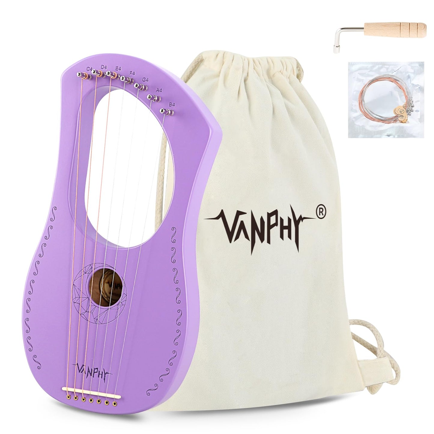 Lyre Harp VANPHY Lyre Harp 7 Strings Mahogany Body Metal String for Beginner Harps Classical Style Harp Instrument with Tuning Wrench Strings Gig Bag (Purple)