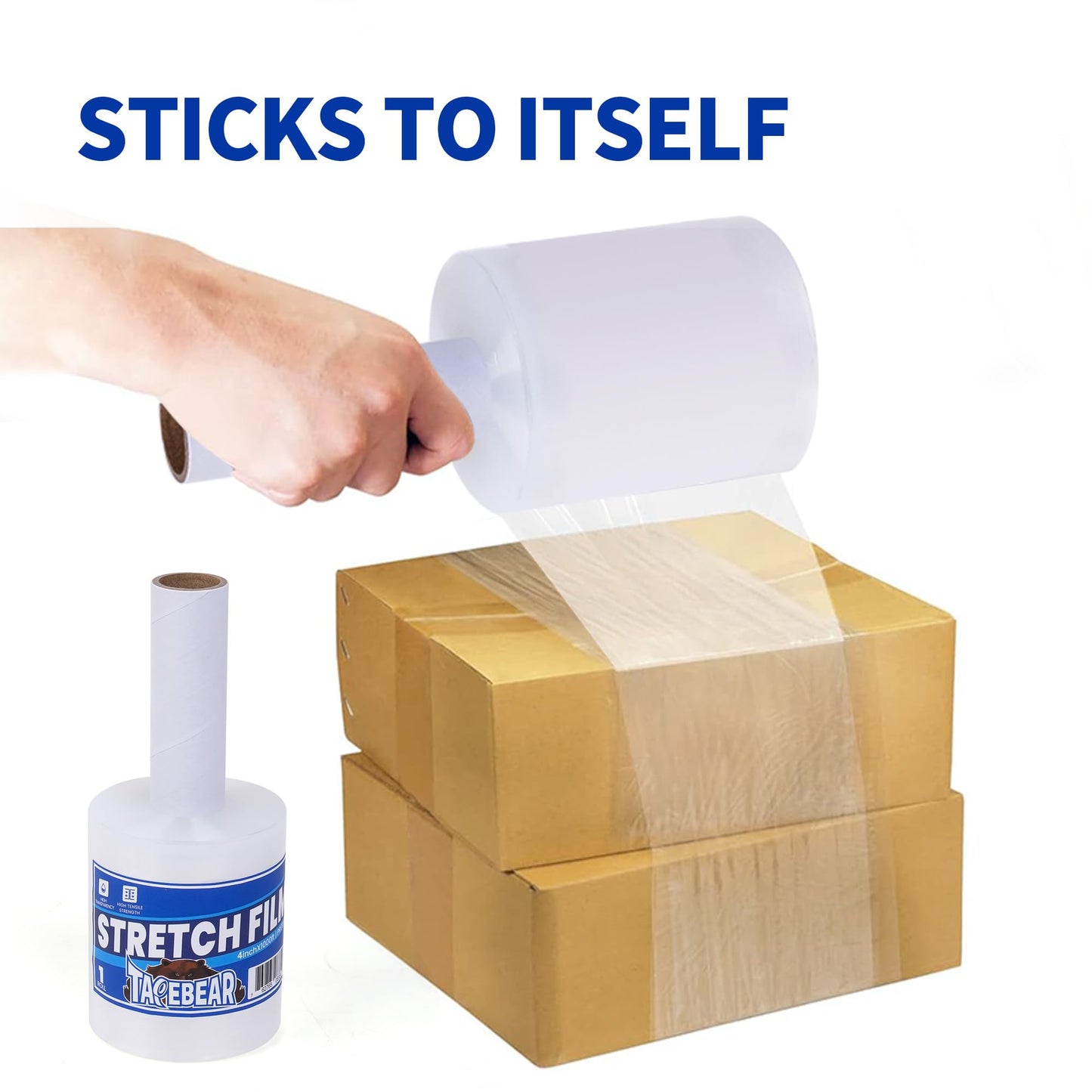 TAPEBEAR Stretch Wrap Film 4" x 1000Ft Shrink Wrap Roll with Handle, 60 Gauge Thick Durable Self-Adhering Clear Plastic Wrap Industrial Strength Pallet Shrink for Moving, Packing,4Rolls