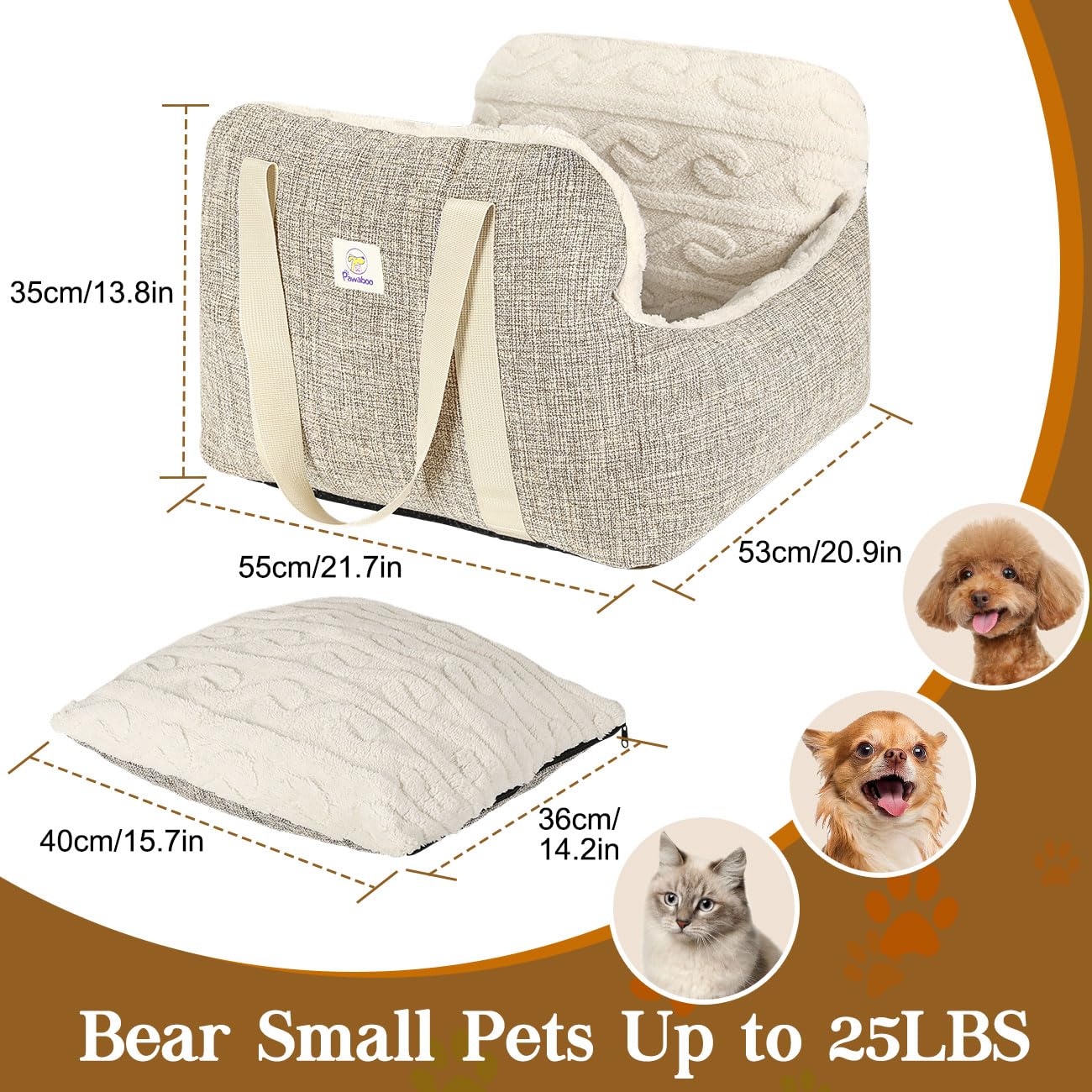 Pawaboo Small Dog Car Seat -Extra Soft- Dog Bed Car Seat for Small Dogs, Puppy Seat for Car with Fixed Buckle and Safety Leash, Thickened Dog Bed Car Seat, Pet Travel Carrier Bed Up to 25lbs
