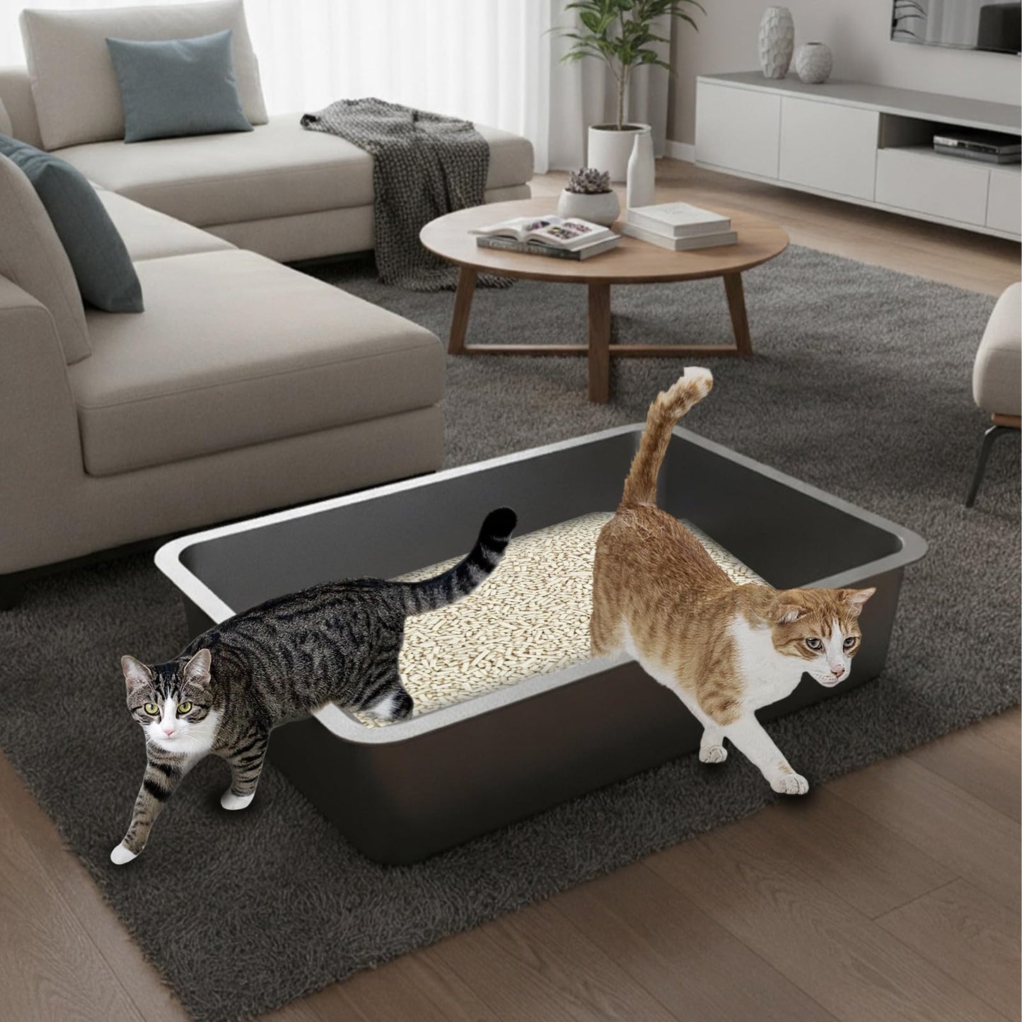 Amibud Stainless Steel Sifting Litter Box for Wood Pine Pellets,50cm Lx 35cm W x 15cm H Extra Large XL Metal Pellet Sifter Litter Pan System for Easy Cleaning Odor Control, Sifting Box Liners & Scoop