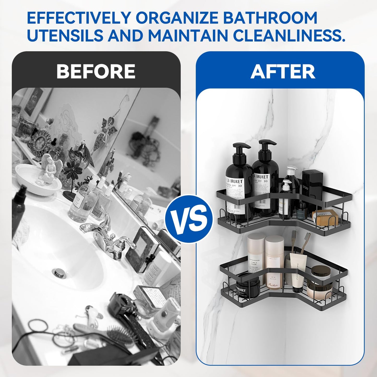 Shower Caddy, 5 Pack Bathroom Shelves, Adhesive Shower Shelf No Drilling, Black Shower Storage, Shower Organiser, Rust-Resistant Shower Caddy Corner, Soap Holder, Bathroom Accessory