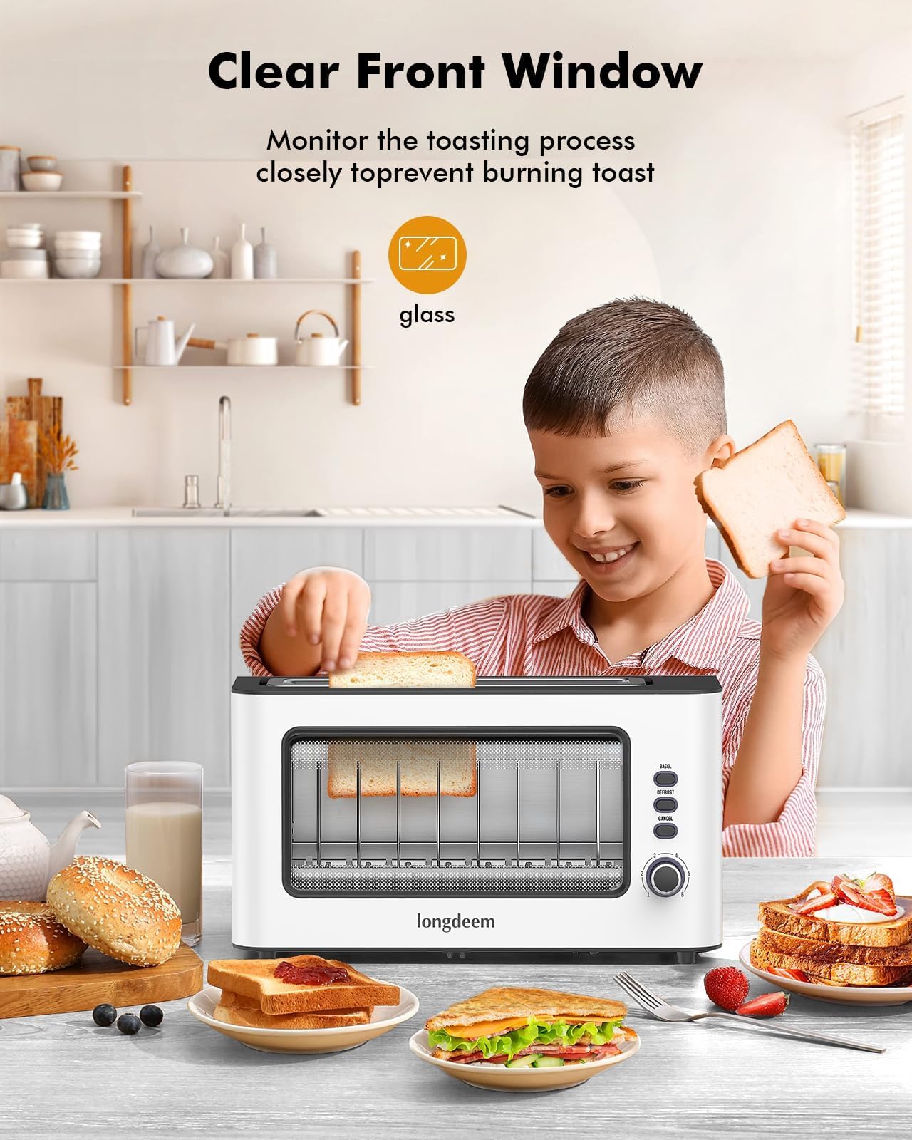 LONGDEEM Toaster 2 Slice, Bagel-Ready with Extra Wide Slots, Easy to Clean, See Through Window, Includes Defrost, Reheat & Auto Shutoff for All Baked Goods, White