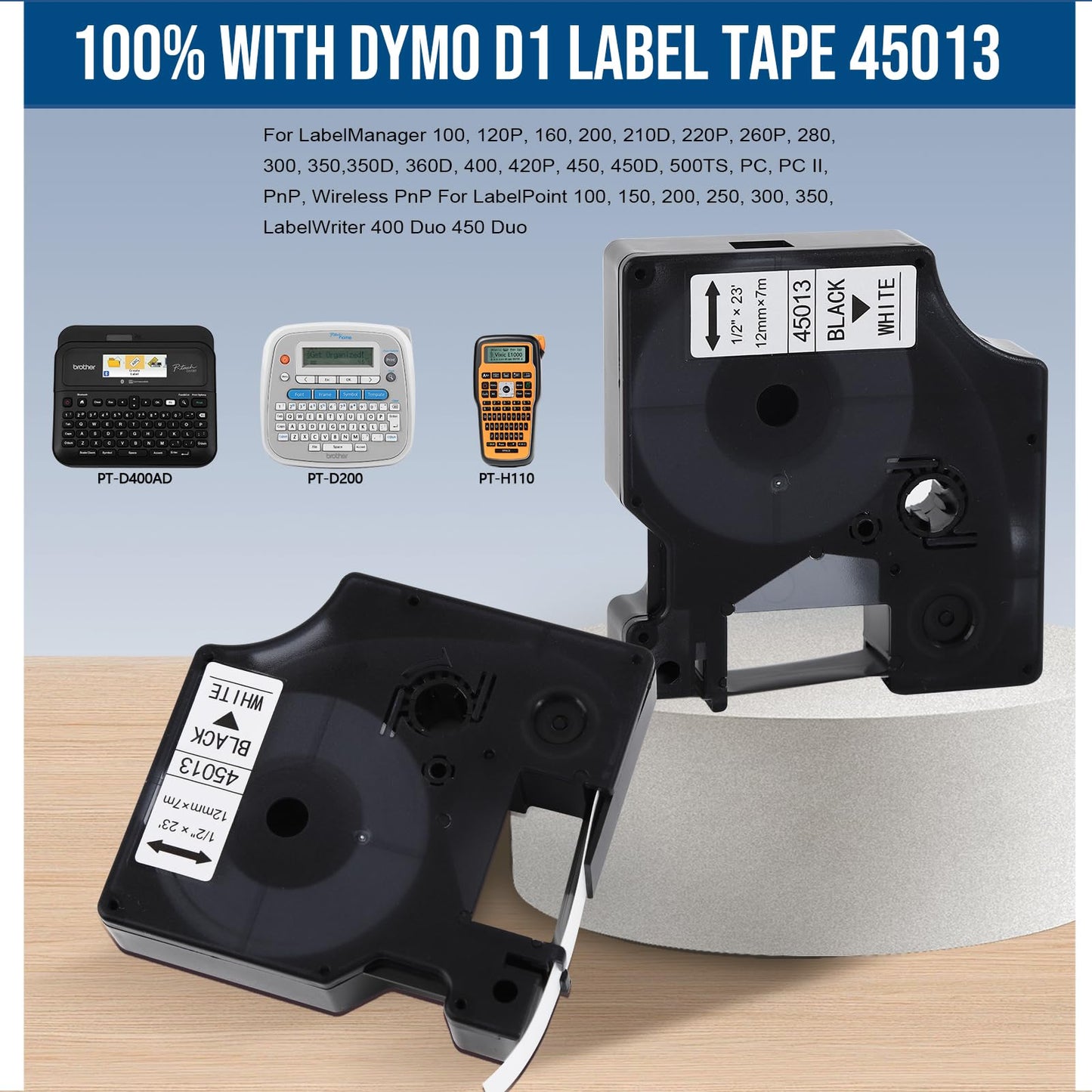 10 Pack Tape Label Replacements Compatible for Dymo D1 45013 S0720530 45013s, 12mm x 7m Black on White Label Maker Refills for LabelManager 160 210D 280 360D 260P 420P PnP 450D