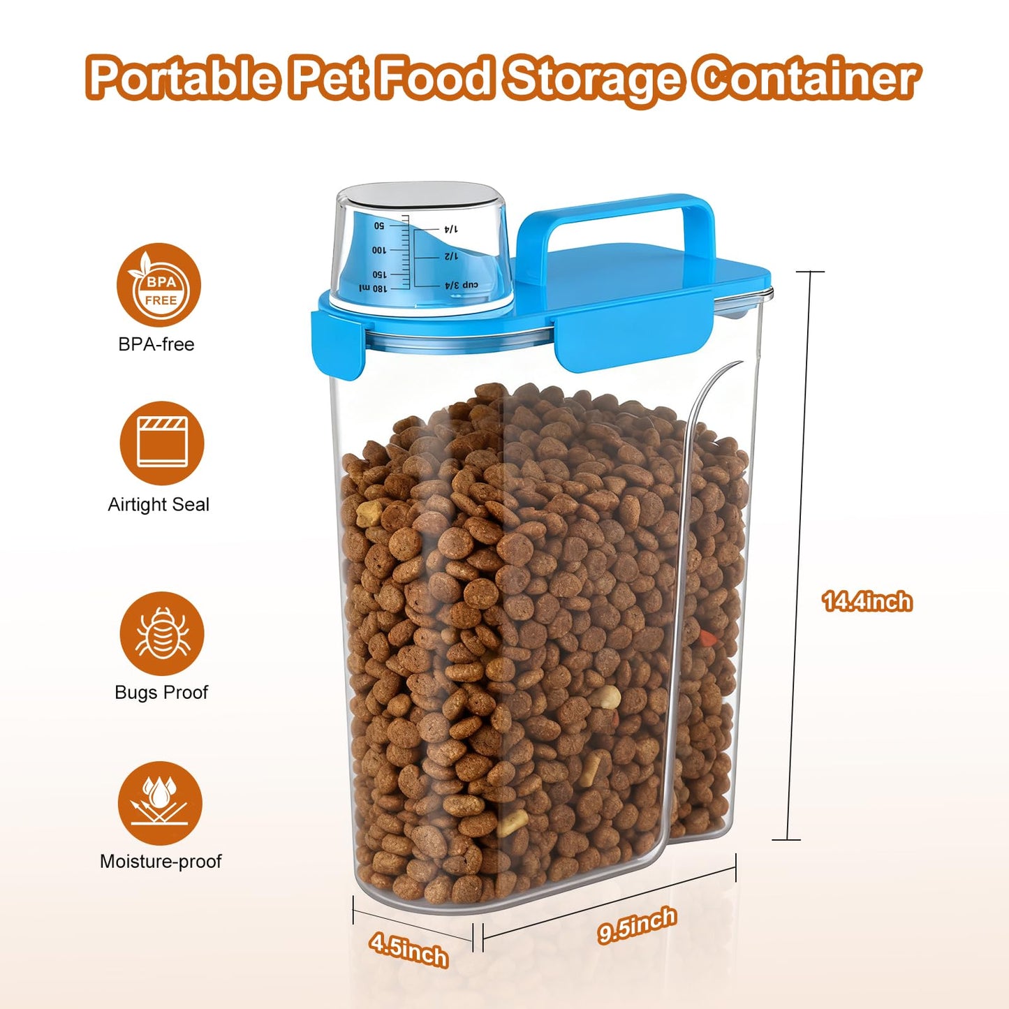 Uppetly Cat Food Storage Container, 5-7 lbs Dog Food Containers with Measuring Cup, Large Pouring Spout and Portable Handle, Pet Food Dispenser Dry Food Bin for Dog, Cats and Birds Blue