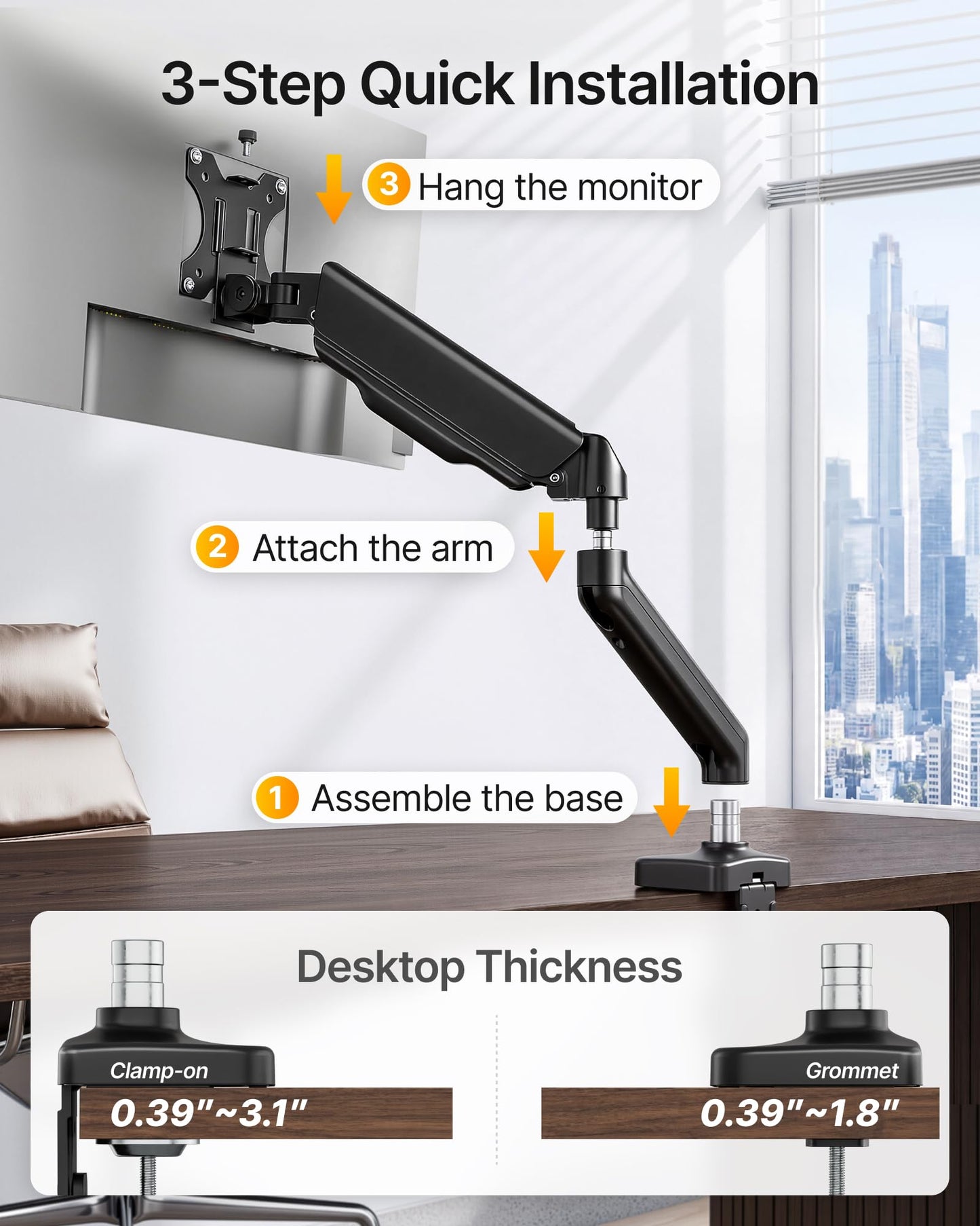 monTEK Heavy Duty Single Monitor Arm with USB/Audio Ports for 17-32” Screens, Premium Mechanical Spring Monitor Arm up to 19.8 lbs, Full Motion Monitor Desk Mount, VESA 75/100 mm, Clamp/Grommet