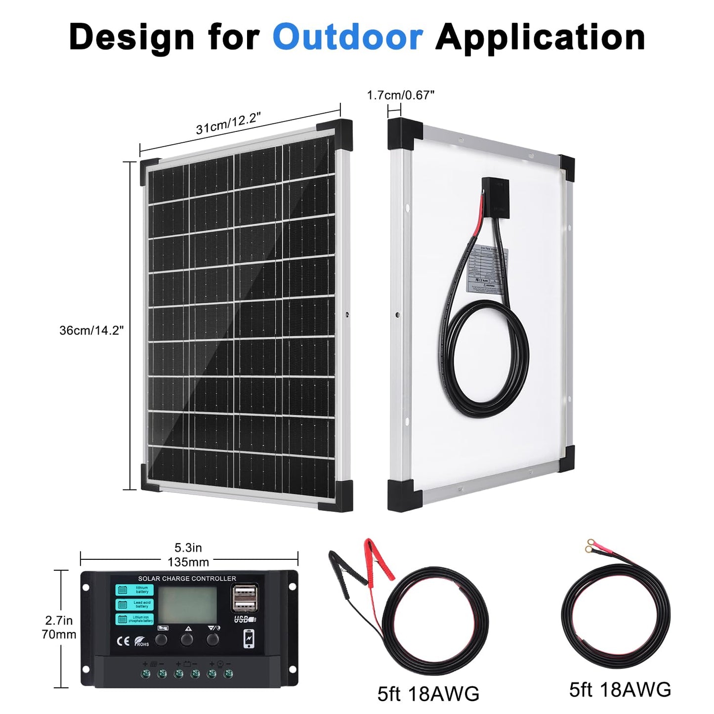 TBER Solar Panel Kit 20W 12V, Solar Battery Charger with 10A Charge Controller and Extension Cables with Battery Clips O-Ring Terminal for Car Motorcycle RV Marine Boat Camper Other Off Grid System